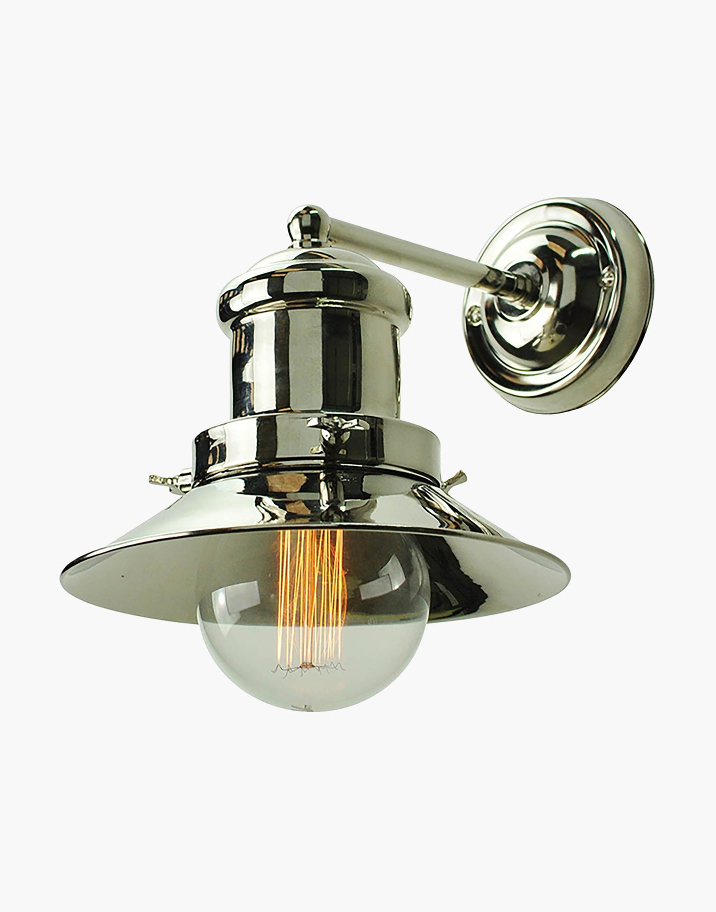 Single wall light in solid brass with Ferrowatt squirrel cage bulb, vintage-inspired wall sconce for exposed brick interiors.