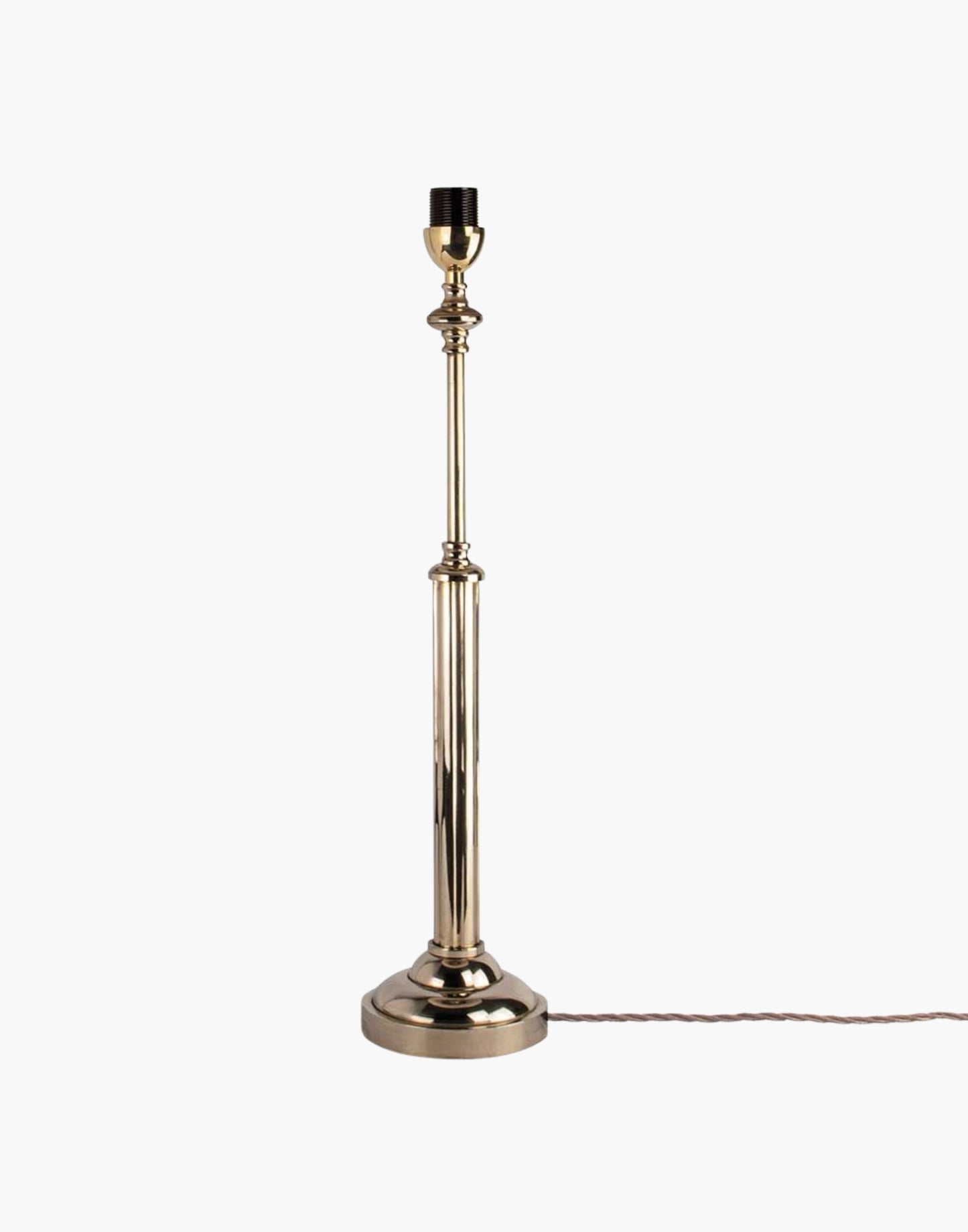 Brass table lamp with fluted stem and cast ball detail, colonial-style table lamp available with or without shade.