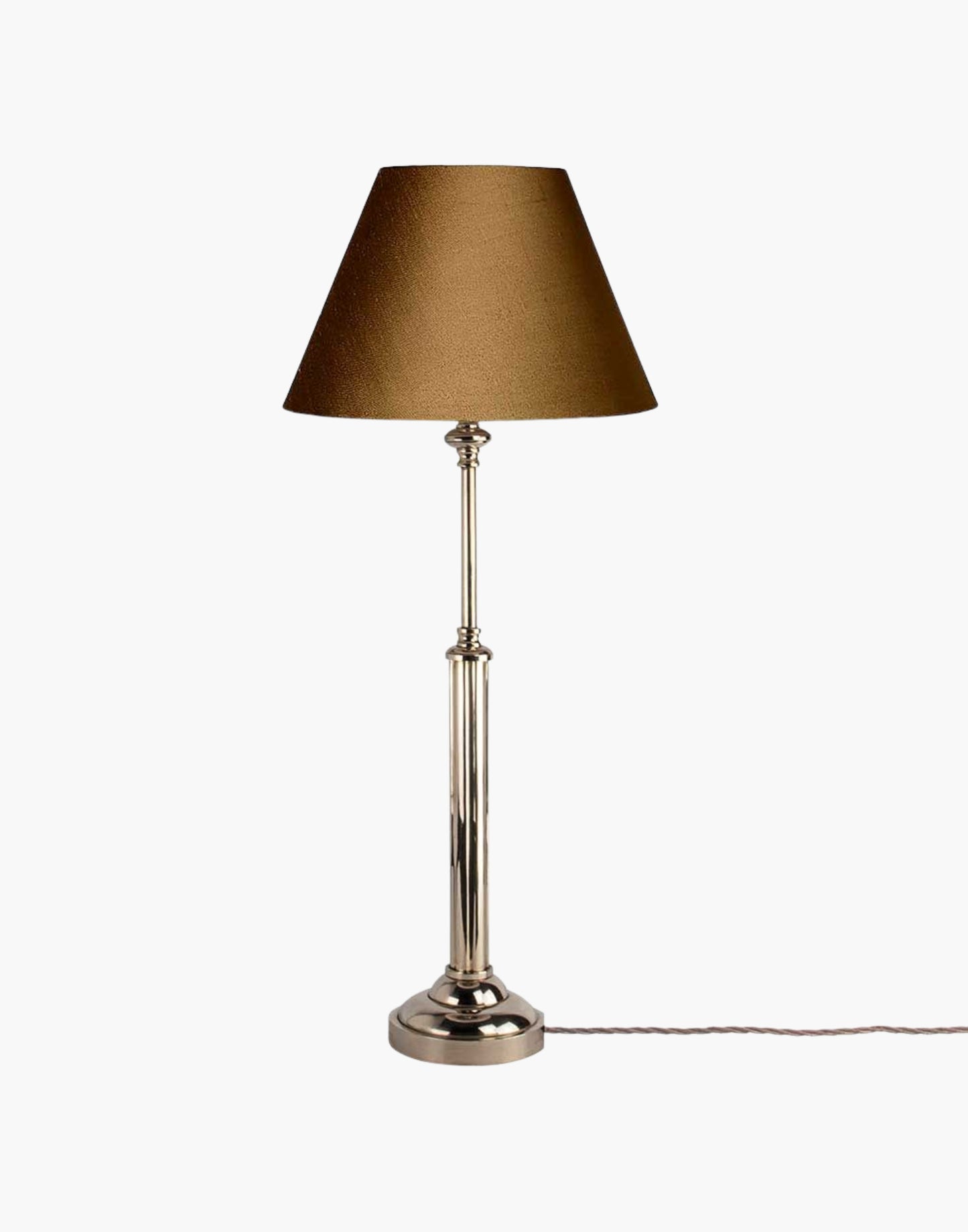 Brass table lamp with fluted stem and cast ball detail, colonial-style table lamp available with or without shade.