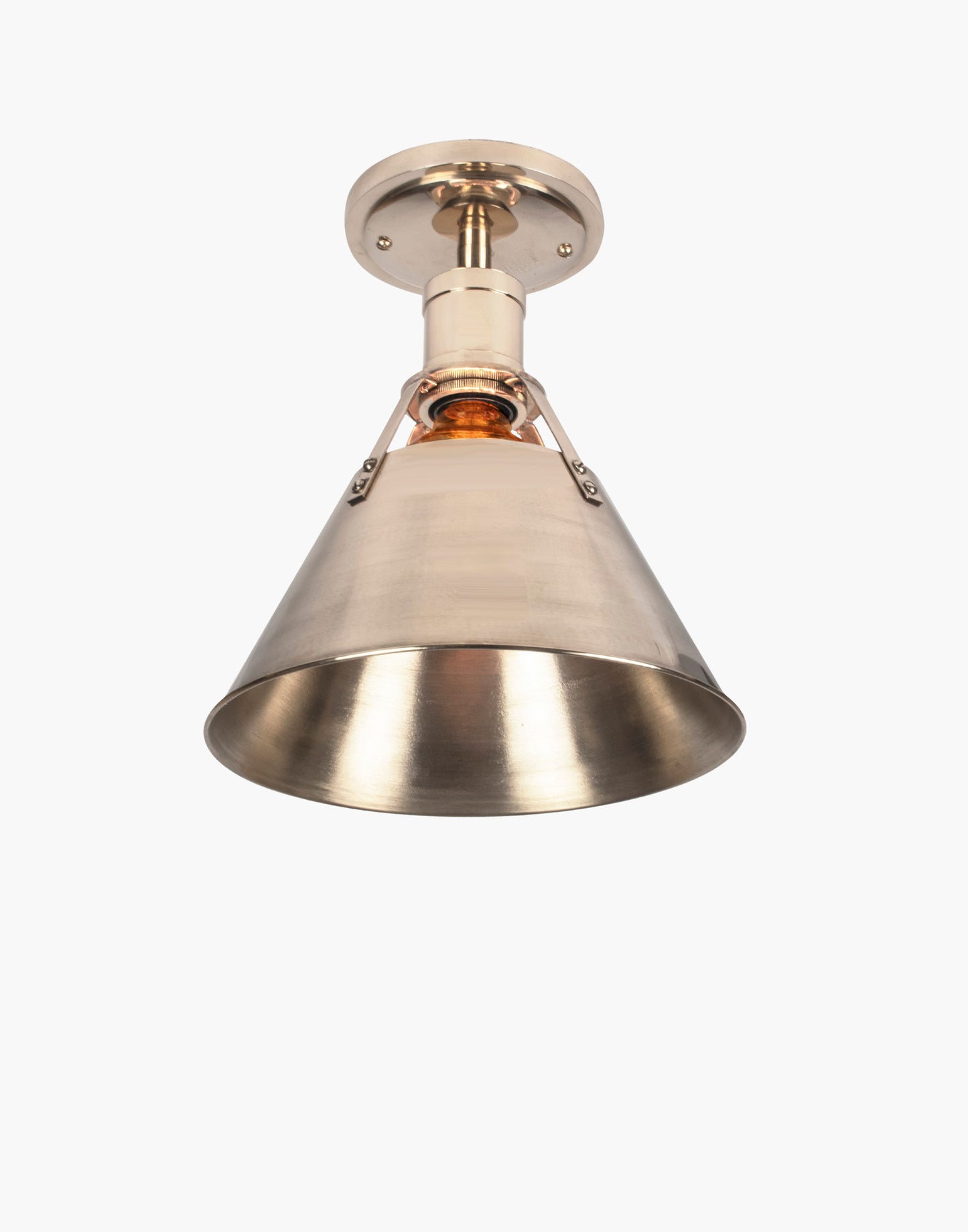 Brass pendant light with metal shade, nautical industrial transitional fixture for kitchen island, countertop, or dining table lighting.