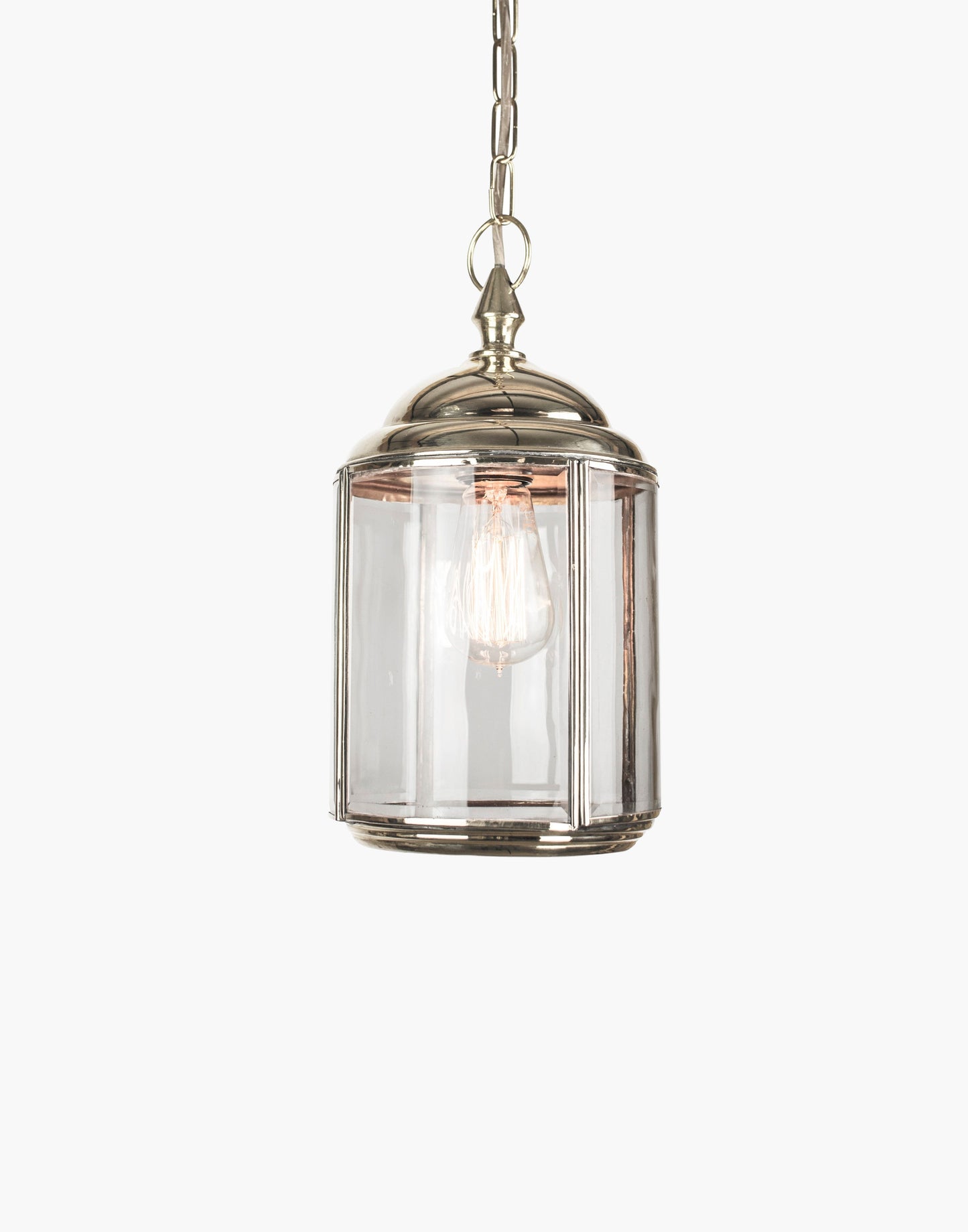 Solid brass pendant lantern with mouth-blown curved beveled glass, traditional porch hanging light with brass chain and ceiling rose.