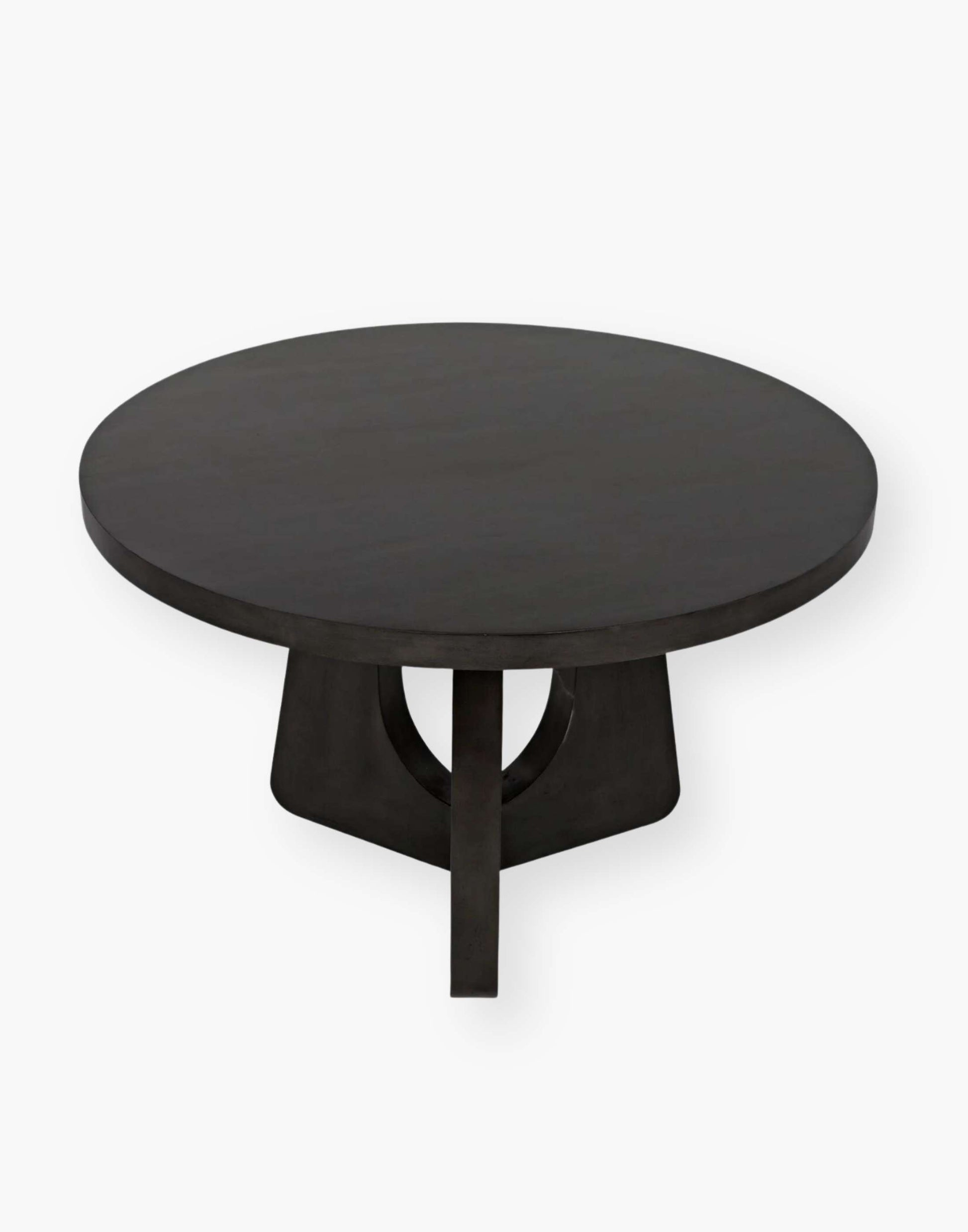 Dining Table has rounded edges with a black finish and a thick table top.