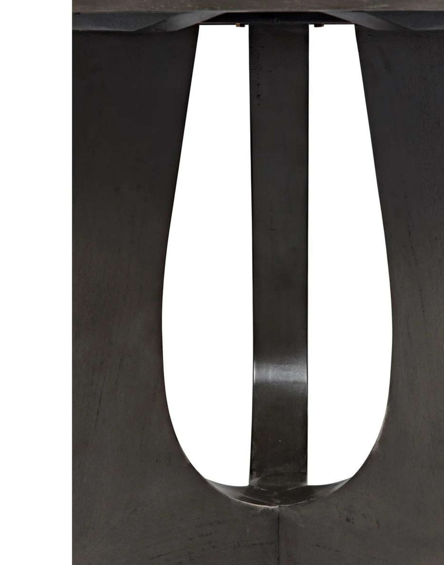 Dining Table has rounded edges with a black finish and a thick table top.