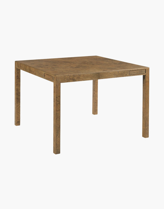 Olive ash burl game table with square top and swivel drink trays with brass liners.