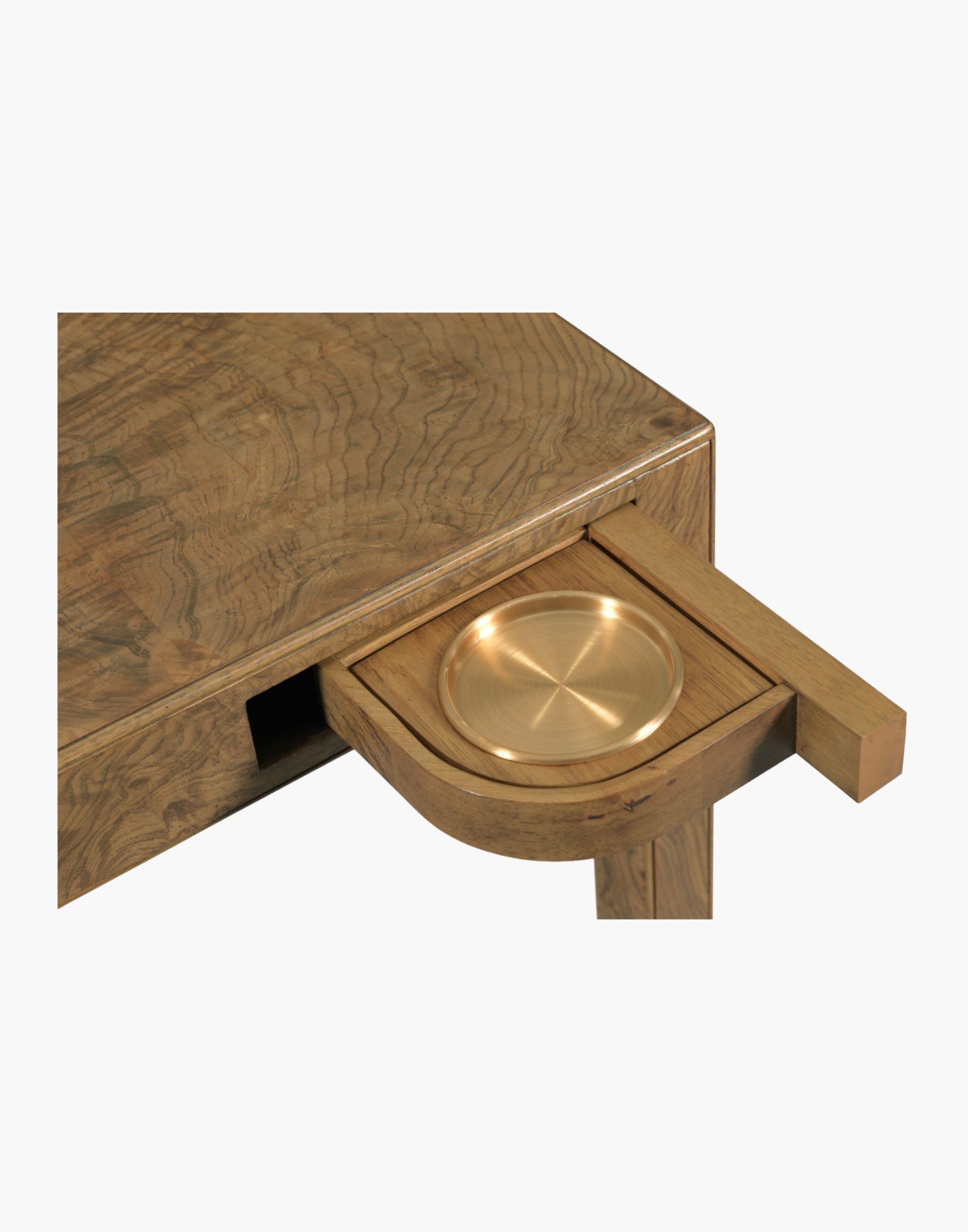 Olive ash burl game table with square top and swivel drink trays with brass liners.