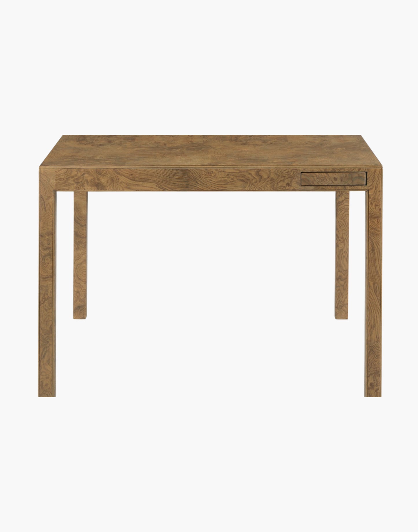 Olive ash burl game table with square top and swivel drink trays with brass liners.