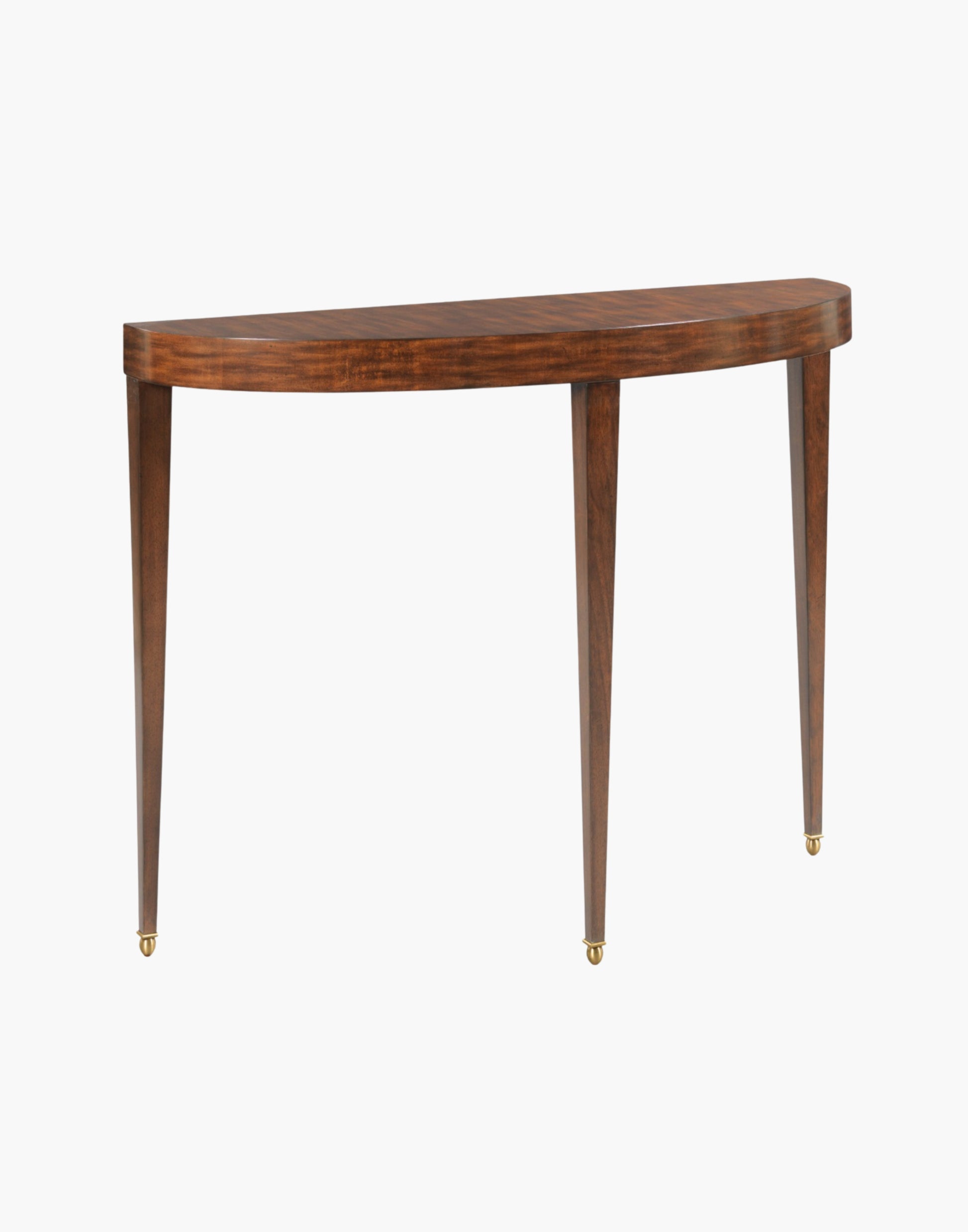 Demi lune console table with quarter-sawn English sycamore veneer, tapered legs, and brass ferrules in Montserrat finish.