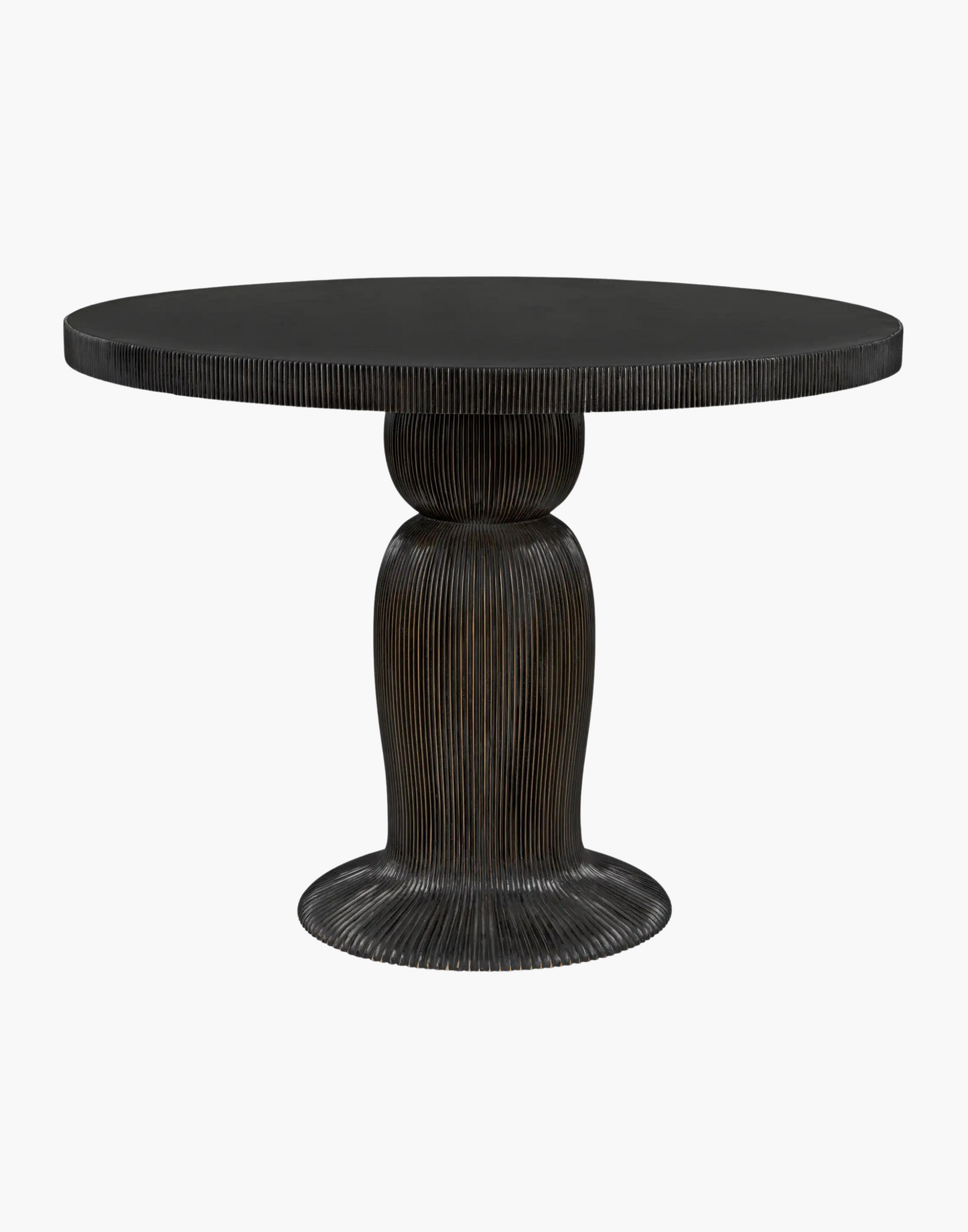 Detailed dining table with ribbing effect over the body and top edge with a hand rubbed black finish.