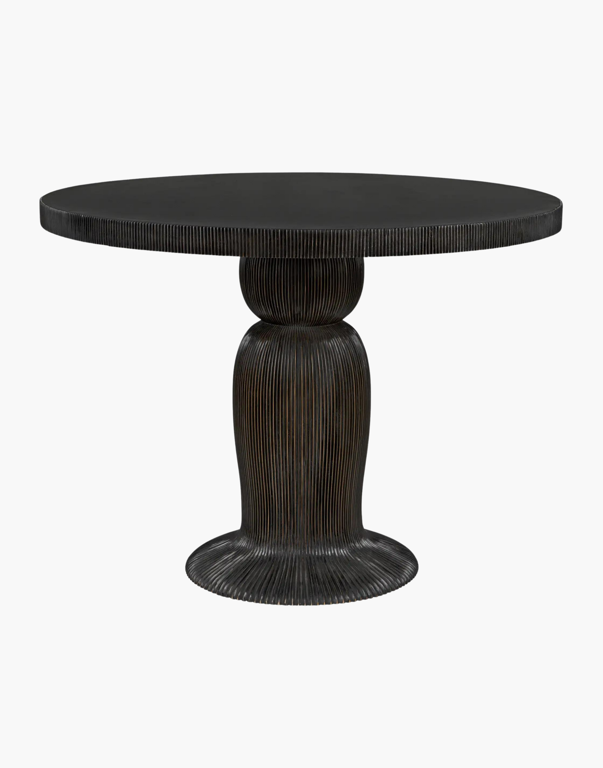 Detailed dining table with ribbing effect over the body and top edge with a hand rubbed black finish.