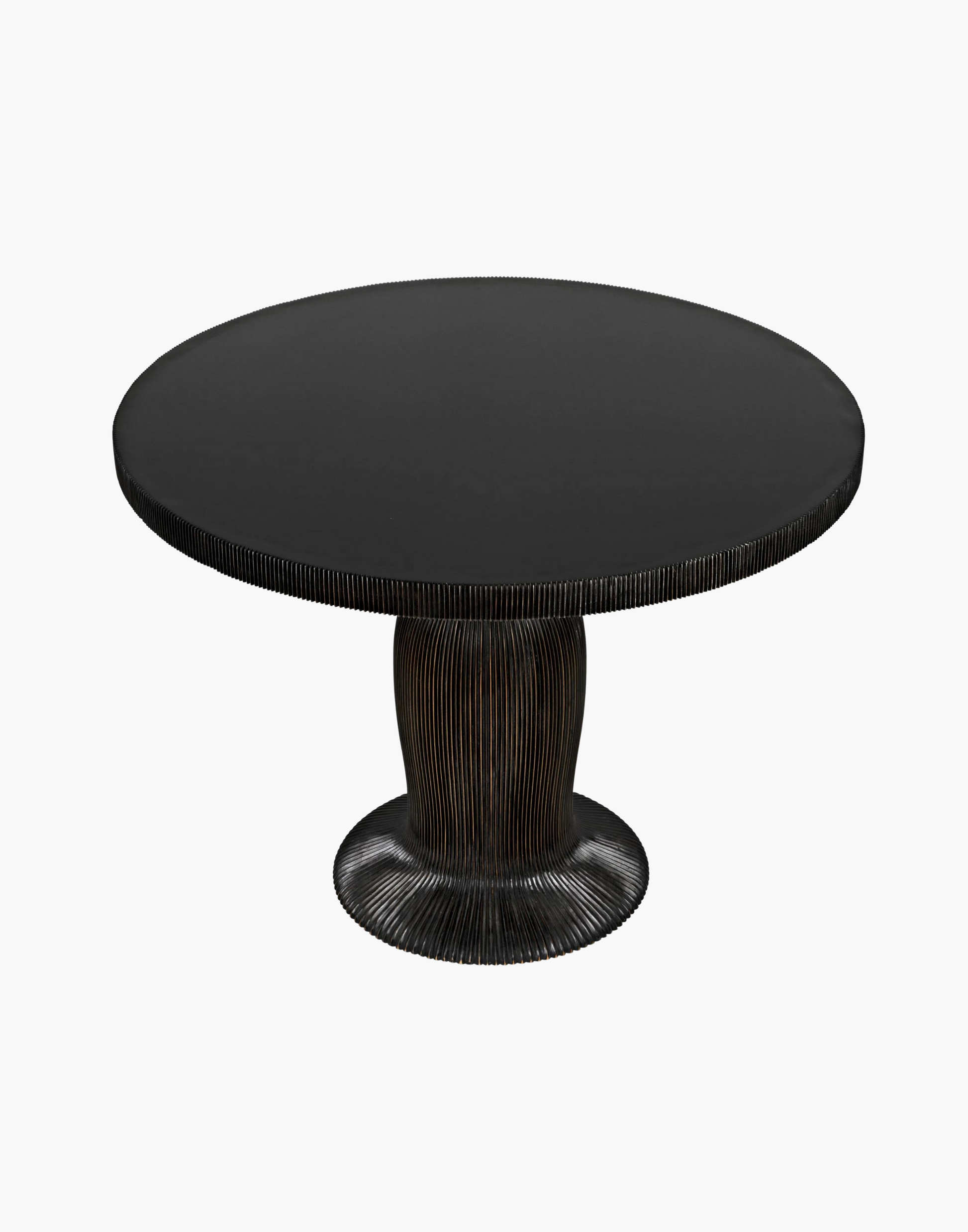 Detailed dining table with ribbing effect over the body and top edge with a hand rubbed black finish.