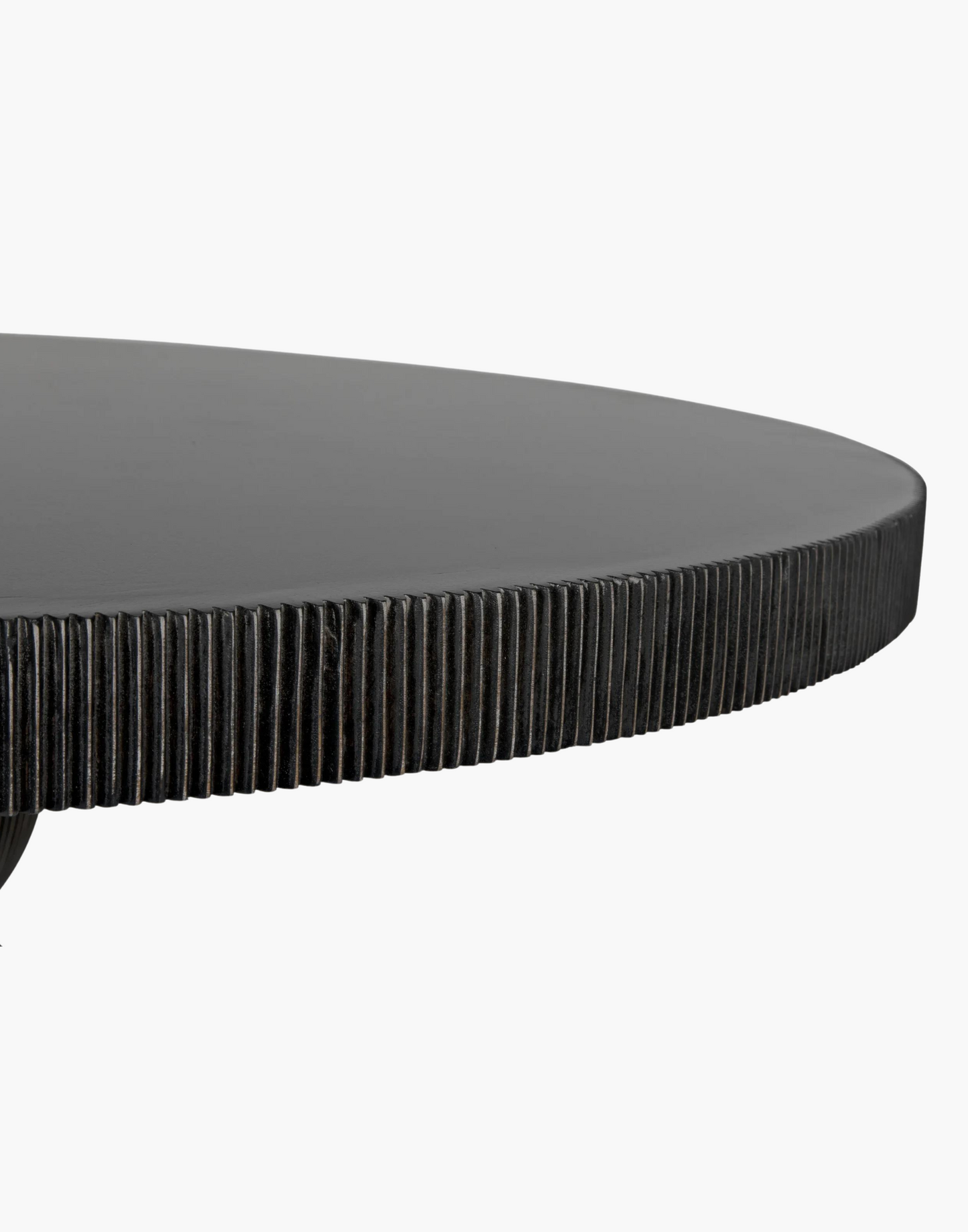 Detailed dining table with ribbing effect over the body and top edge with a hand rubbed black finish.