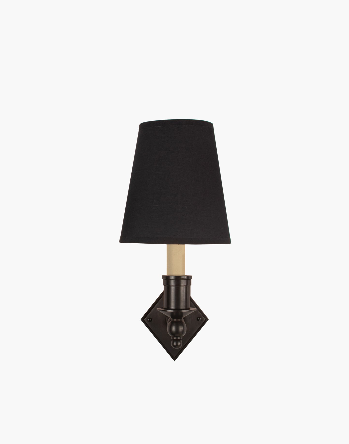 Brass wall sconce with diamond-shaped scalloped backplate and optional shade, cast and machined brass wall light.