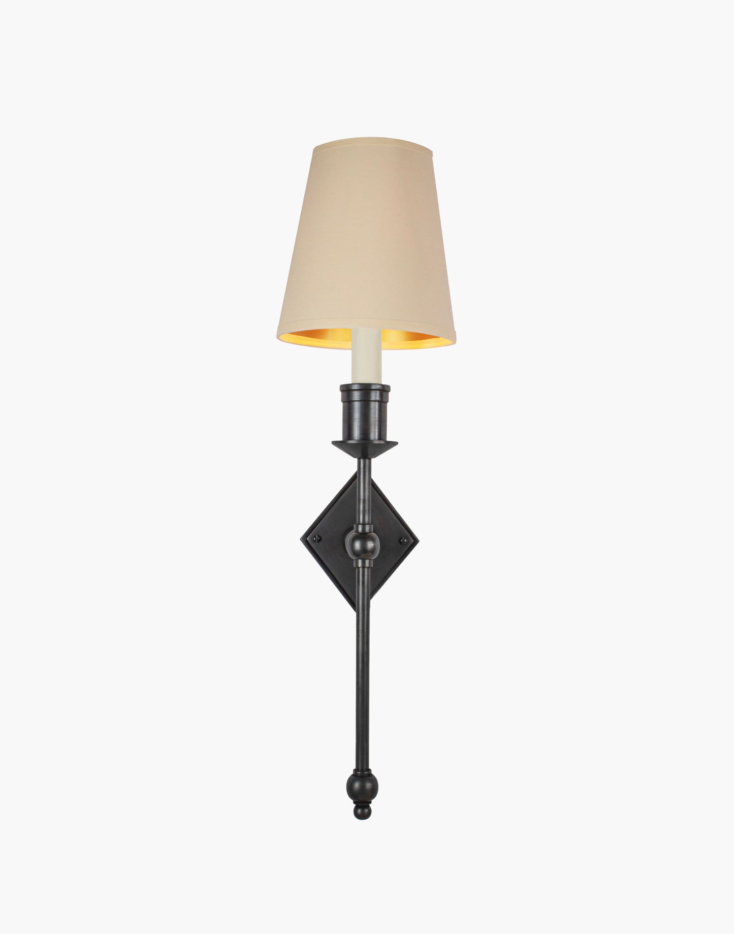 Wall sconce in cast and machined brass with diamond-shaped scalloped backplate and optional shade.