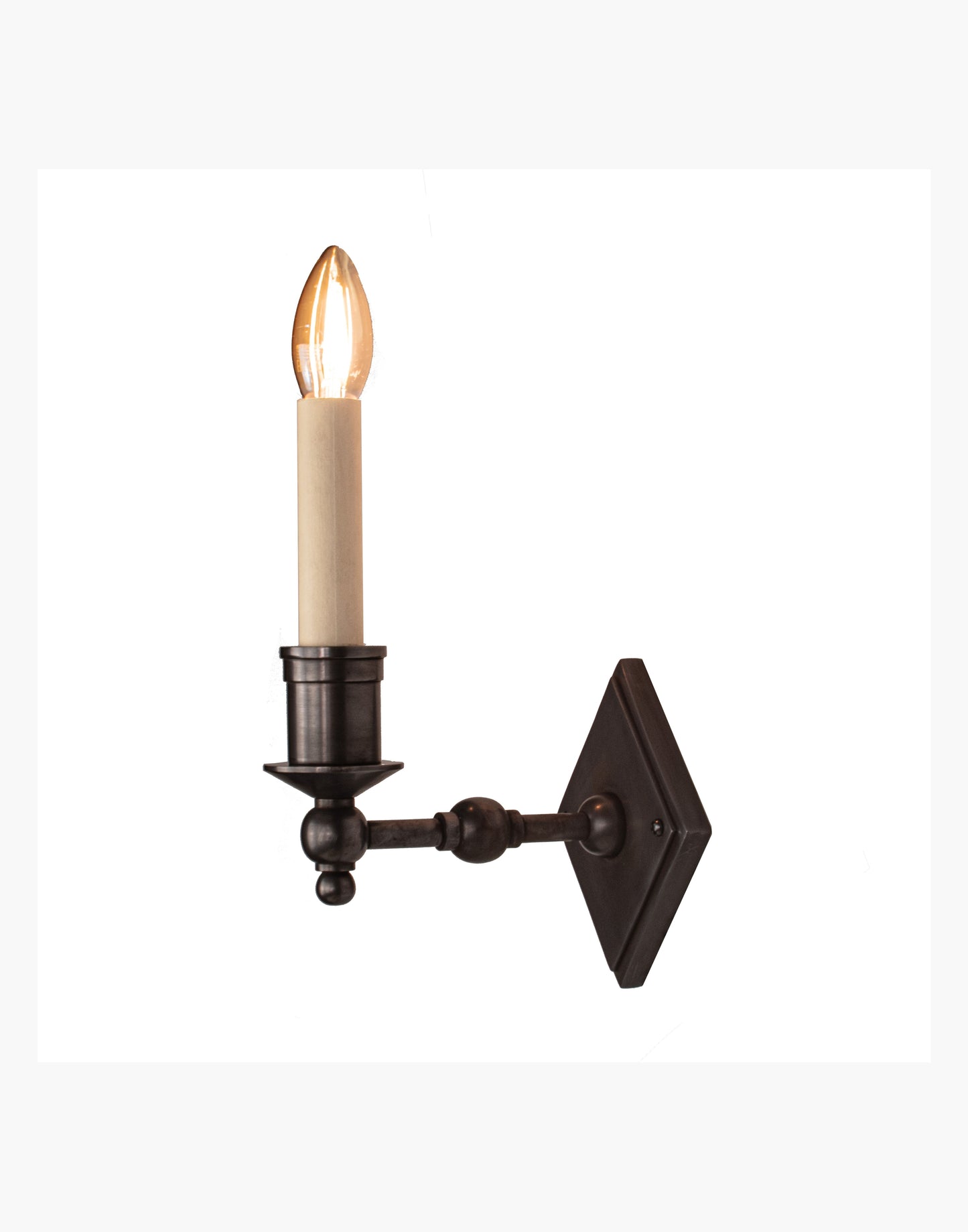 Brass wall sconce with diamond-shaped scalloped backplate and optional shade, cast and machined brass wall light.