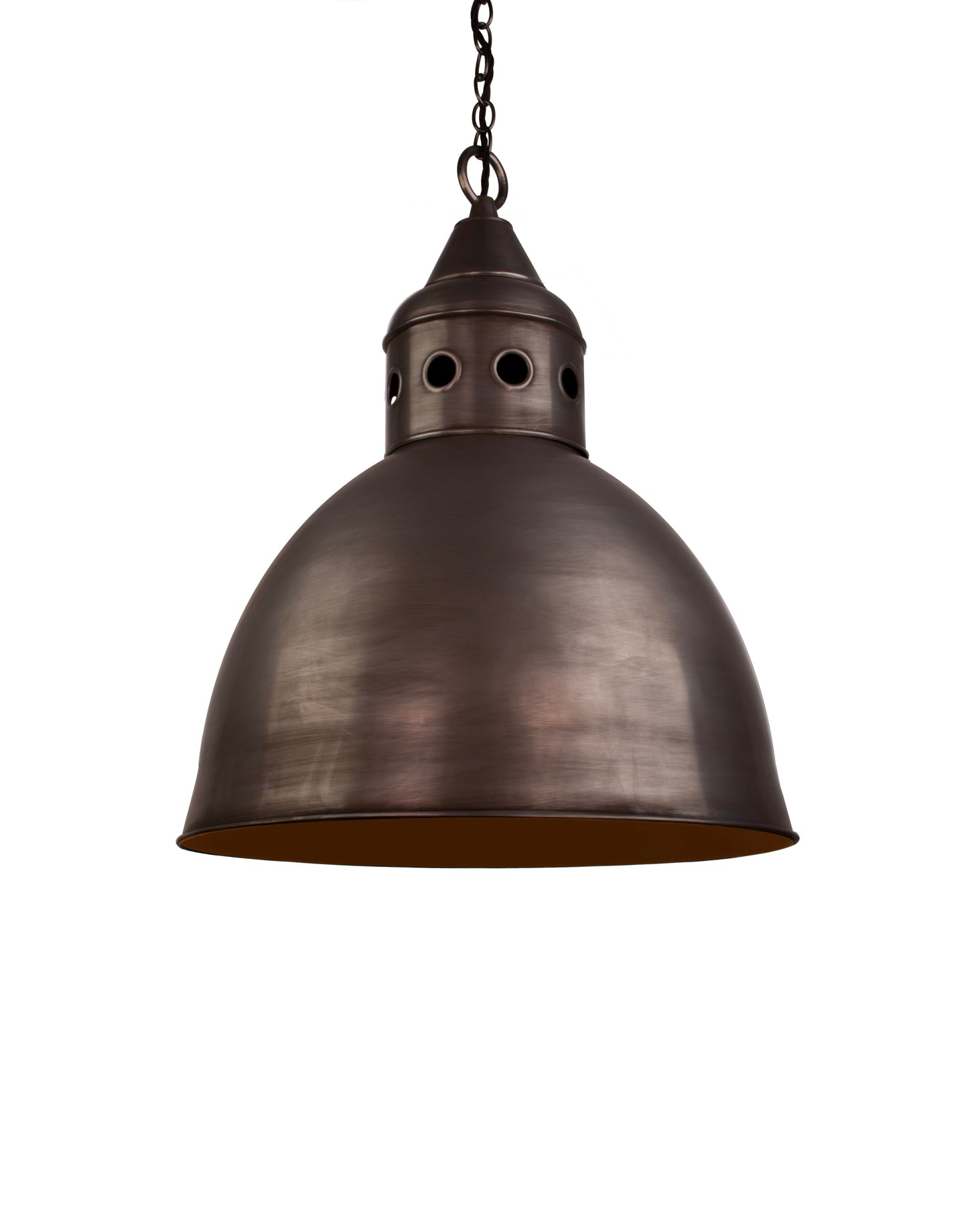 Pendant crafted from solid brass with industrial-inspired silhouette and chain suspension