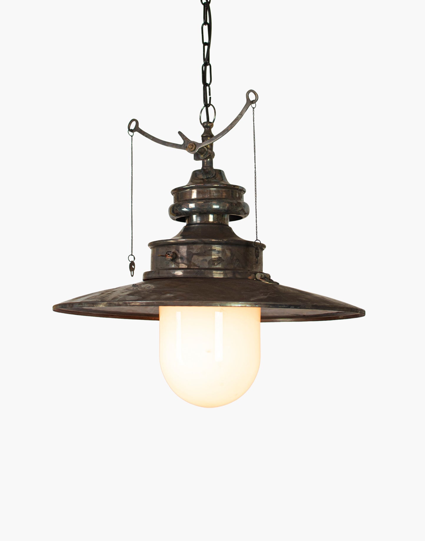 pendant light in solid copper with brass details and clear or opal glass shade