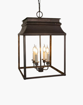 Large Bordeaux Hanging Lantern in solid brass, inspired by 19th-century French design, featuring intricate fretwork and top detail. Suitable for indoor and outdoor use, perfect for kitchens, hallways, and stairwells.