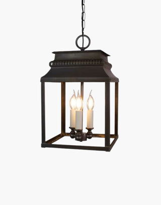 Medium Bordeaux Hanging Lantern in solid brass with intricate fretwork and top detailing, inspired by 19th-century French design. Perfect for indoor and outdoor use, ideal for hallways and stairwells.