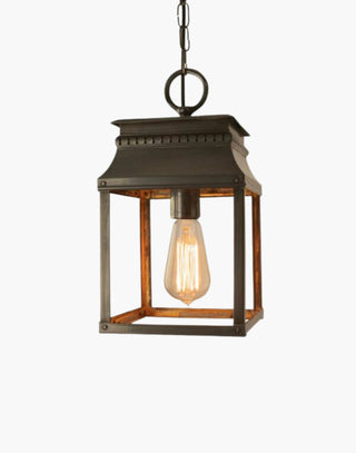 Small Bordeaux Hanging Lantern in solid brass with intricate fretwork and top detailing, inspired by 19th-century French design. Ideal for hallways, stairwells, and as an elegant over-counter light.