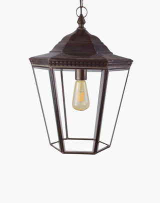 Large Chelsea Pendant Lantern made from solid copper with brass and beveled glass, designed in the classic Georgian style. Includes 500mm chain and ceiling rose, perfect for period halls, porches, and exterior lighting.