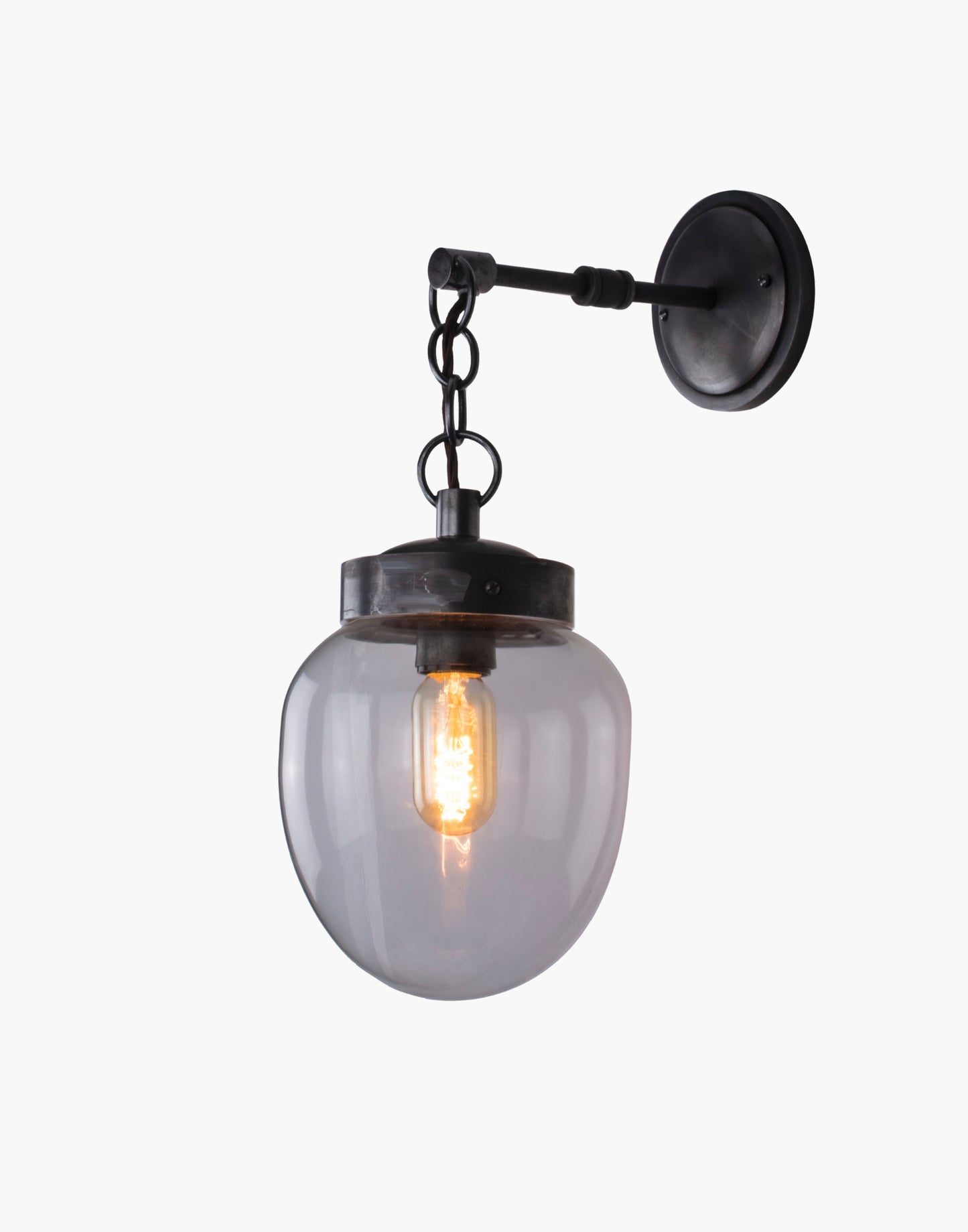 Solid brass mid-century wall light with clear or opal glass, T45 filament bulb compatible, suitable for covered outdoor and IP44 bathroom Zone 2 use.