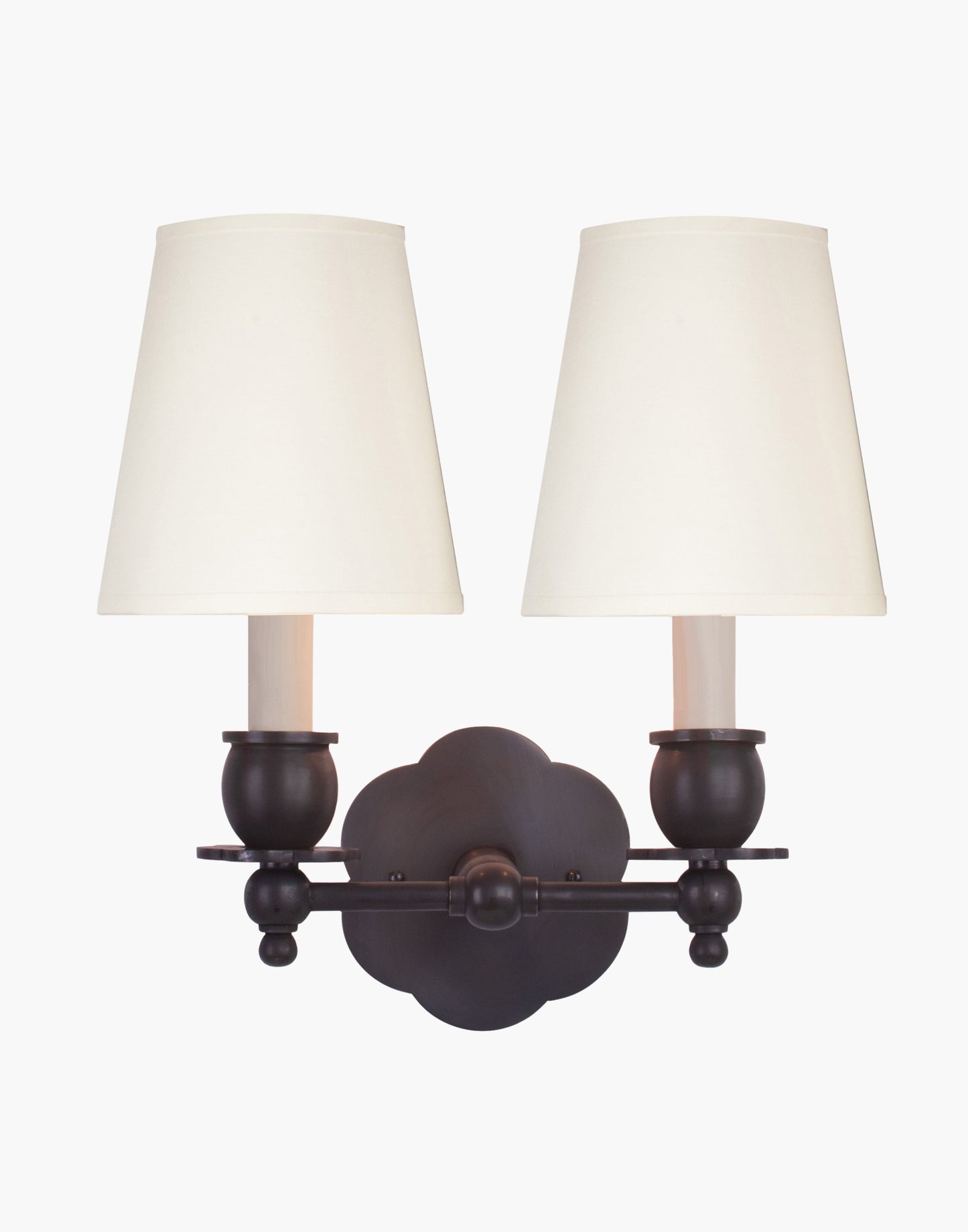 Twin Wall Sconce in solid brass with petal-shaped backplate and optional D6/D6G shades, transitional style for traditional and contemporary interiors.