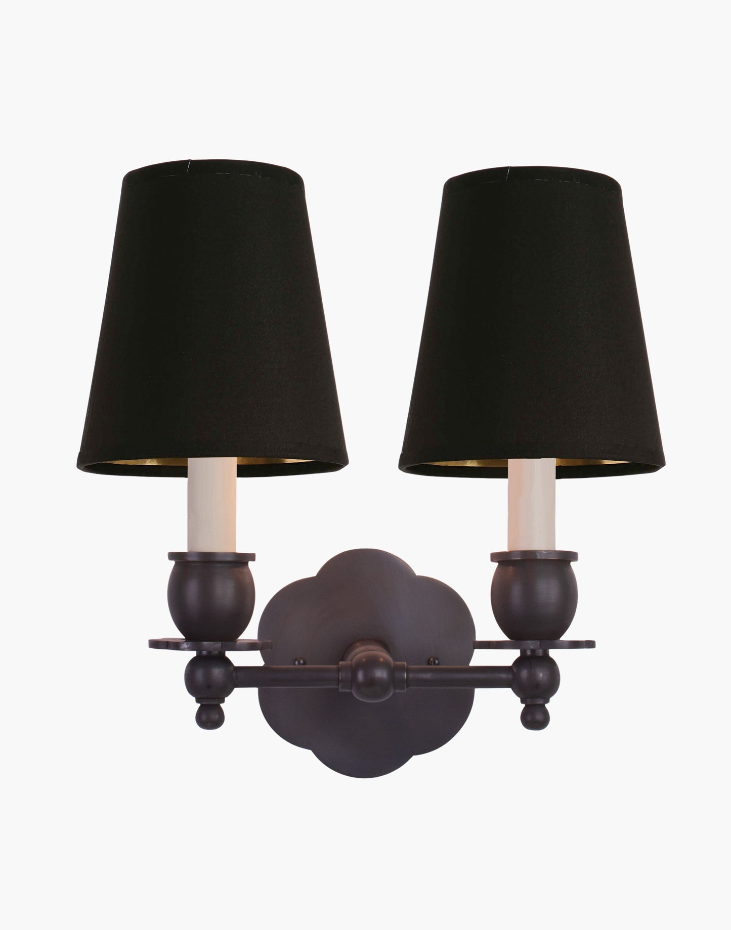 Twin Wall Sconce in solid brass with petal-shaped backplate and optional D6/D6G shades, transitional style for traditional and contemporary interiors.