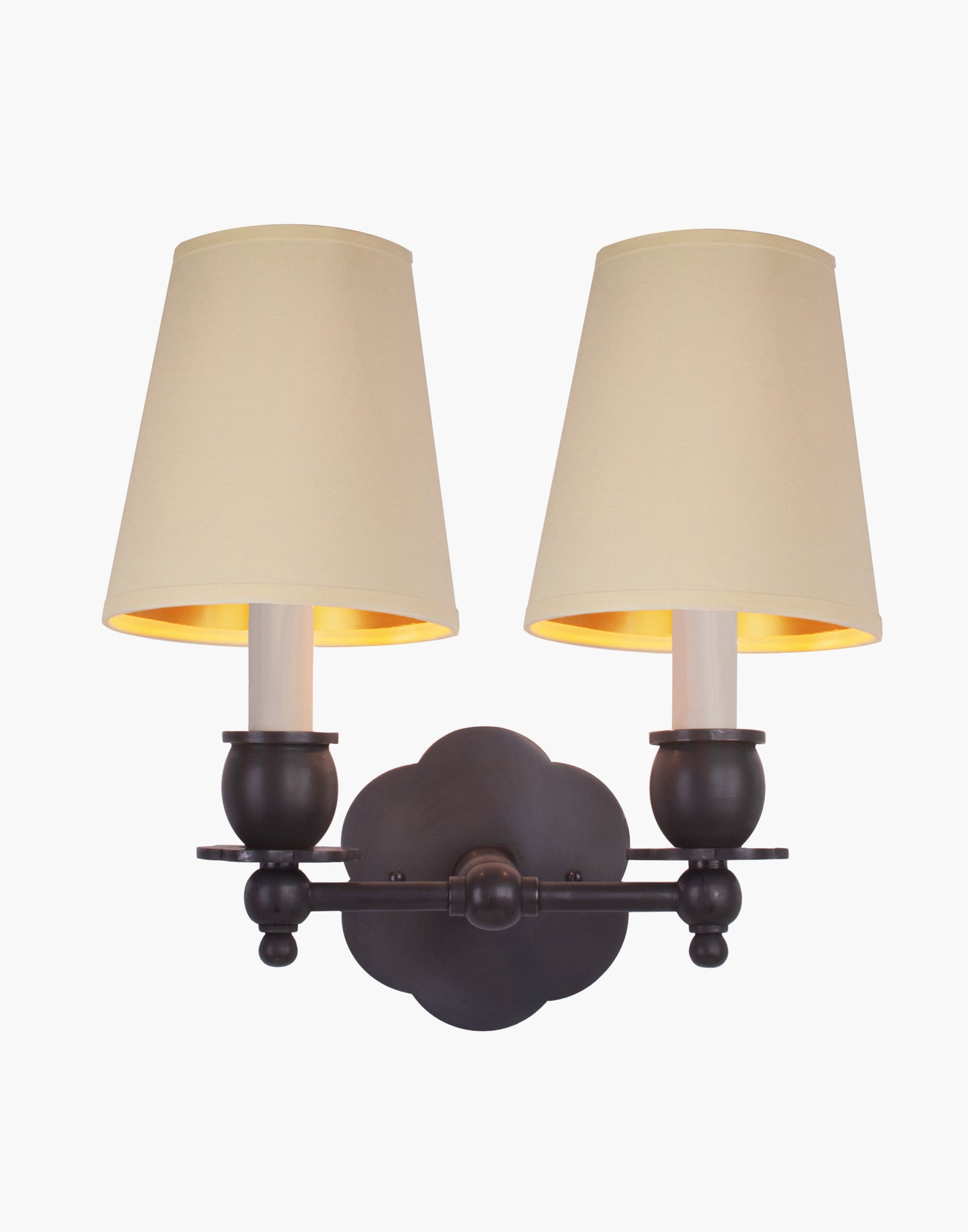 Twin Wall Sconce in solid brass with petal-shaped backplate and optional D6/D6G shades, transitional style for traditional and contemporary interiors.