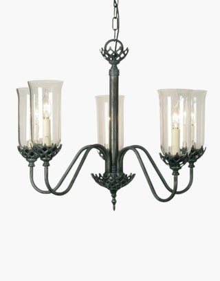 Gothic Five Arm Chandelier in cast brass, inspired by a 19th-century chandelier from County Cork, Ireland. Includes Clear Storm Glasses, 500mm chain, and ceiling hook, perfect as a statement centerpiece in historic and private settings.