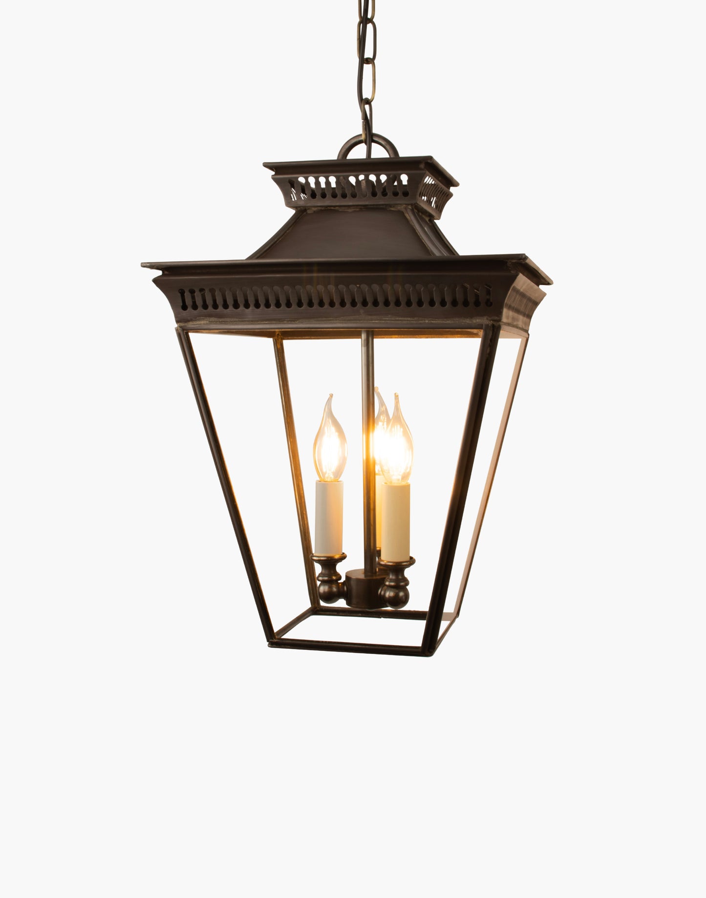 Pendant in solid brass with two-tier pierced fretwork and pagoda roof design, 3-light damp-rated hanging lantern