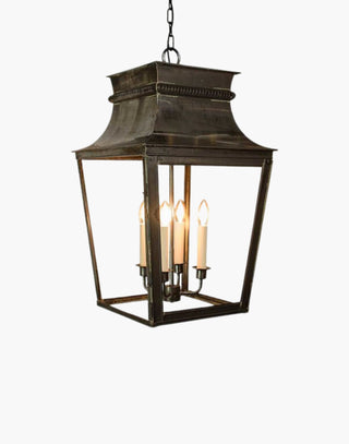 Extra-large Parisienne Hanging Lantern in solid brass with intricate fretwork, inspired by classic French architecture. Perfect for entrance porches and grand hallways. Includes 19.5″ chain and ceiling plate, with extra chain available.