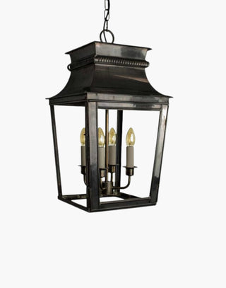 Large Parisienne Hanging Lantern in solid brass with intricate fretwork, inspired by classic French architecture. Perfect for grand hallways and entrance porches.