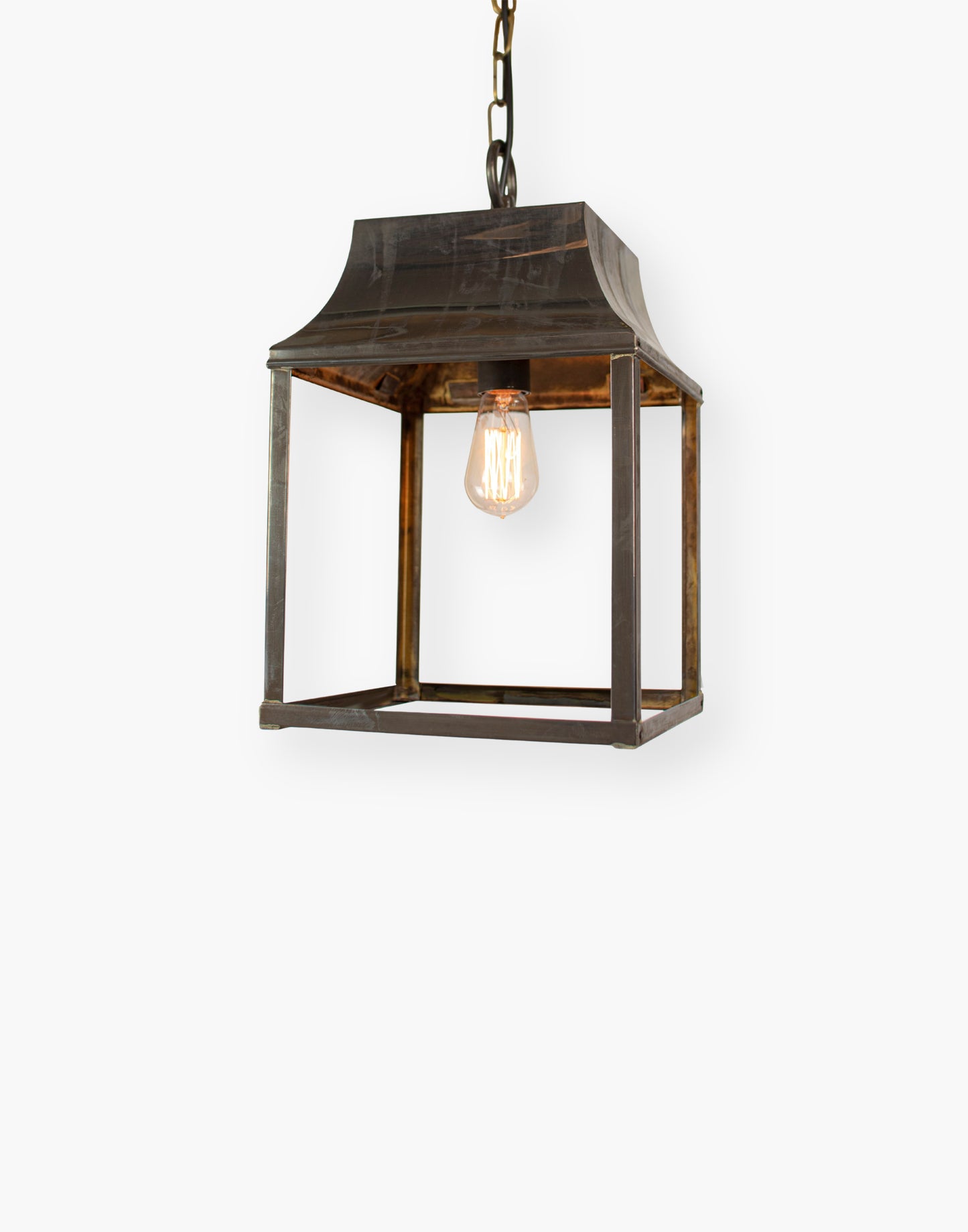 Hanging Lantern in solid brass, French farmhouse style, suitable for porch, hallway, or stairwell, part of a three-size lantern collection.