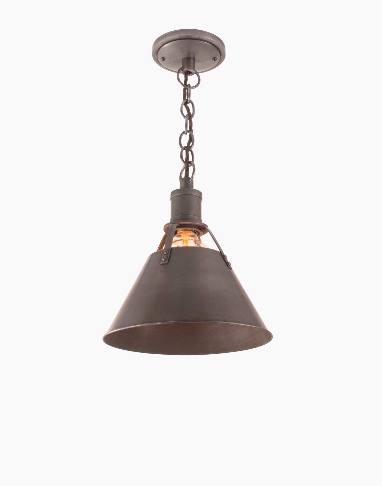 Brass pendant light with metal shade, nautical-industrial transitional design, ideal for kitchen island, countertop, or dining table lighting.