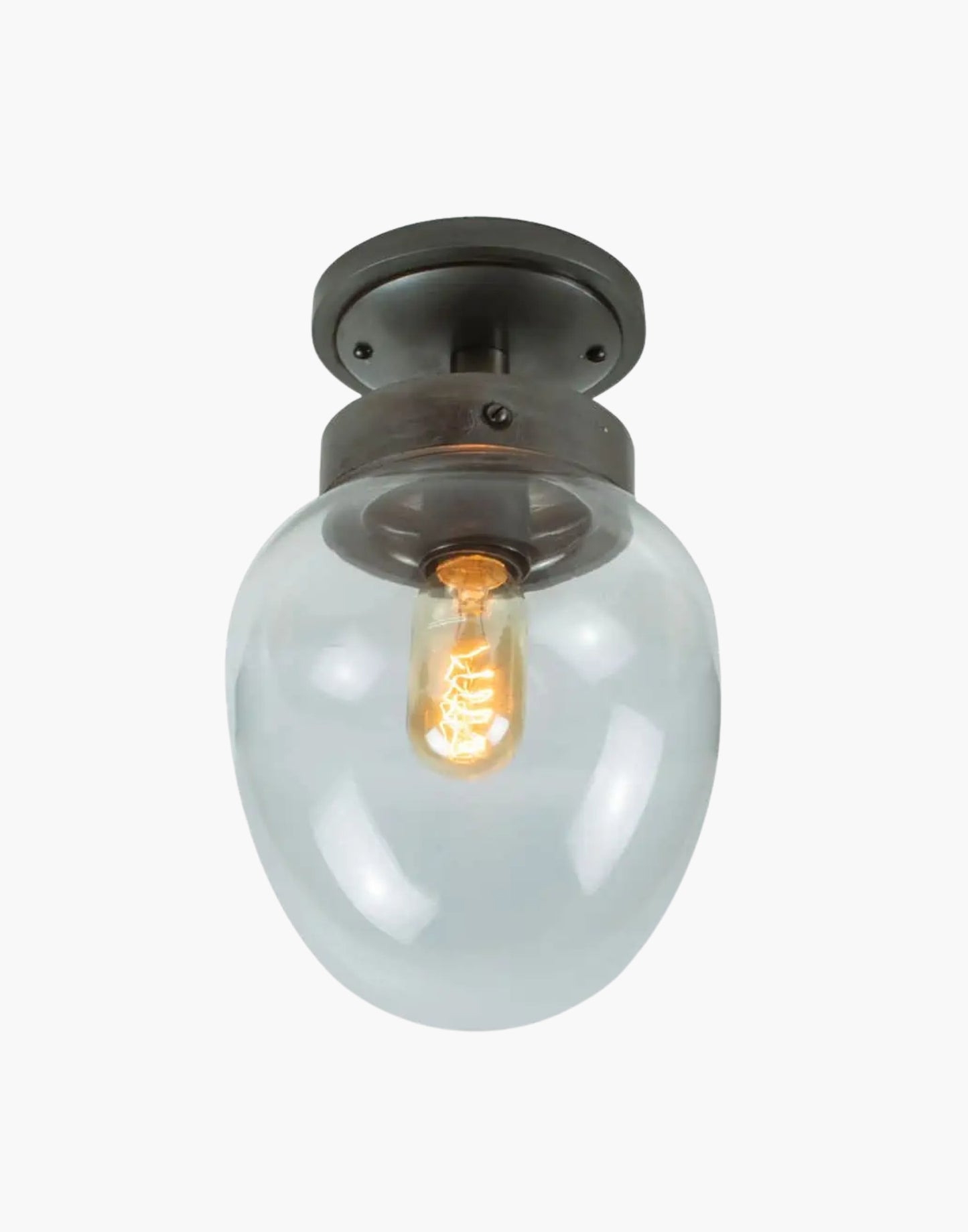 Charleston Flush Light in solid brass with mid-century design, available in five finishes with clear or opal glass. IP44-rated for Zone 2 bathrooms and covered outdoor areas.