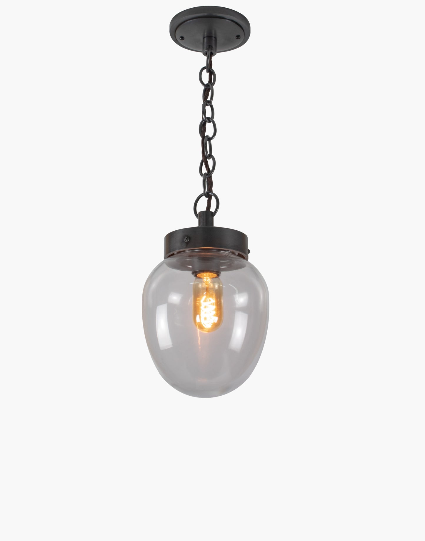 Solid brass pendant light with clear or opal glass, mid-century style hanging light compatible with T45 filament bulb, suitable for covered outdoor use.
