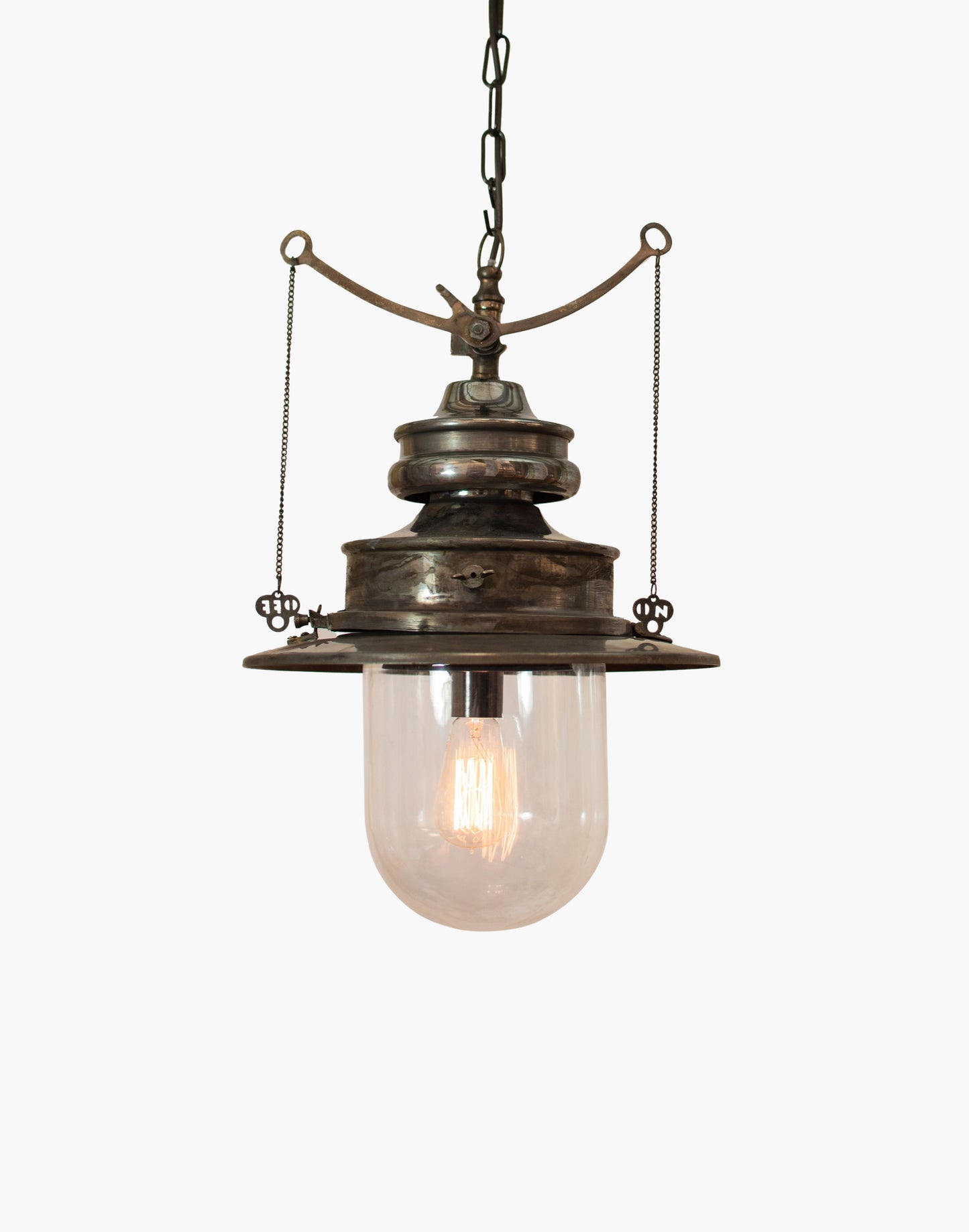 Pendant C1890 in solid copper with brass detail, replica railway station gas light with pull chains, available in clear or opal glass