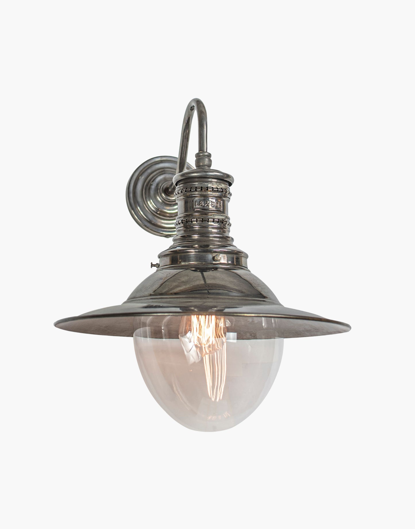 Wall lamp in solid brass with copper LBSCR label, replica railway station wall light from Victoria Station London, available in clear or opal glass.