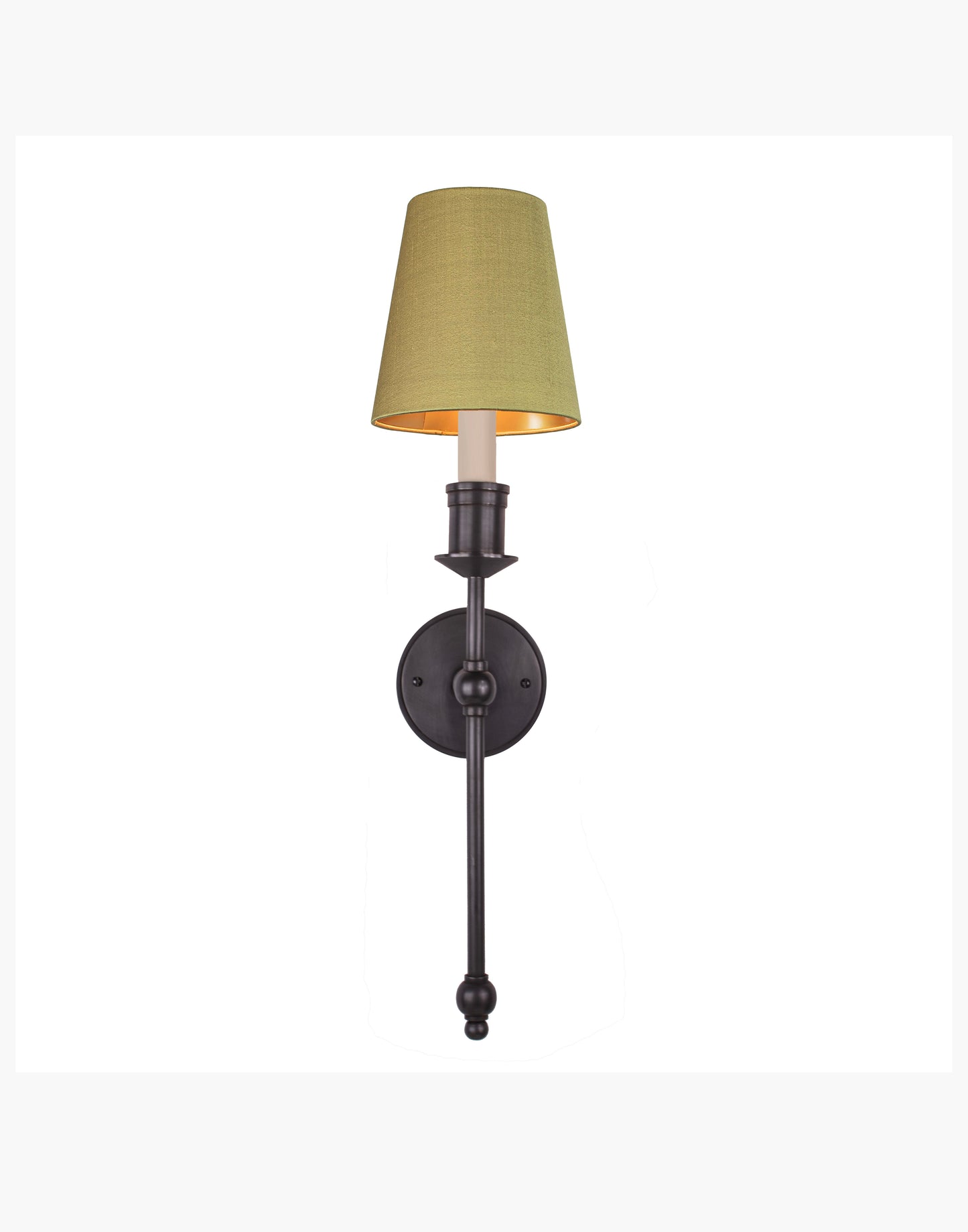 Tall Wall Sconce single arm in solid brass with optional D6 or D6G shade mounted on wall