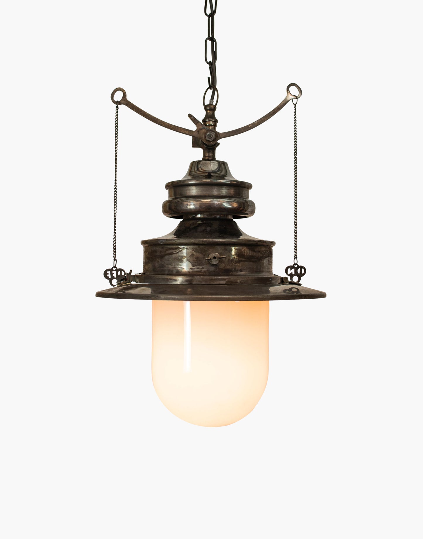Pendant C1890 in solid copper with brass detail, replica railway station gas light with pull chains, available in clear or opal glass