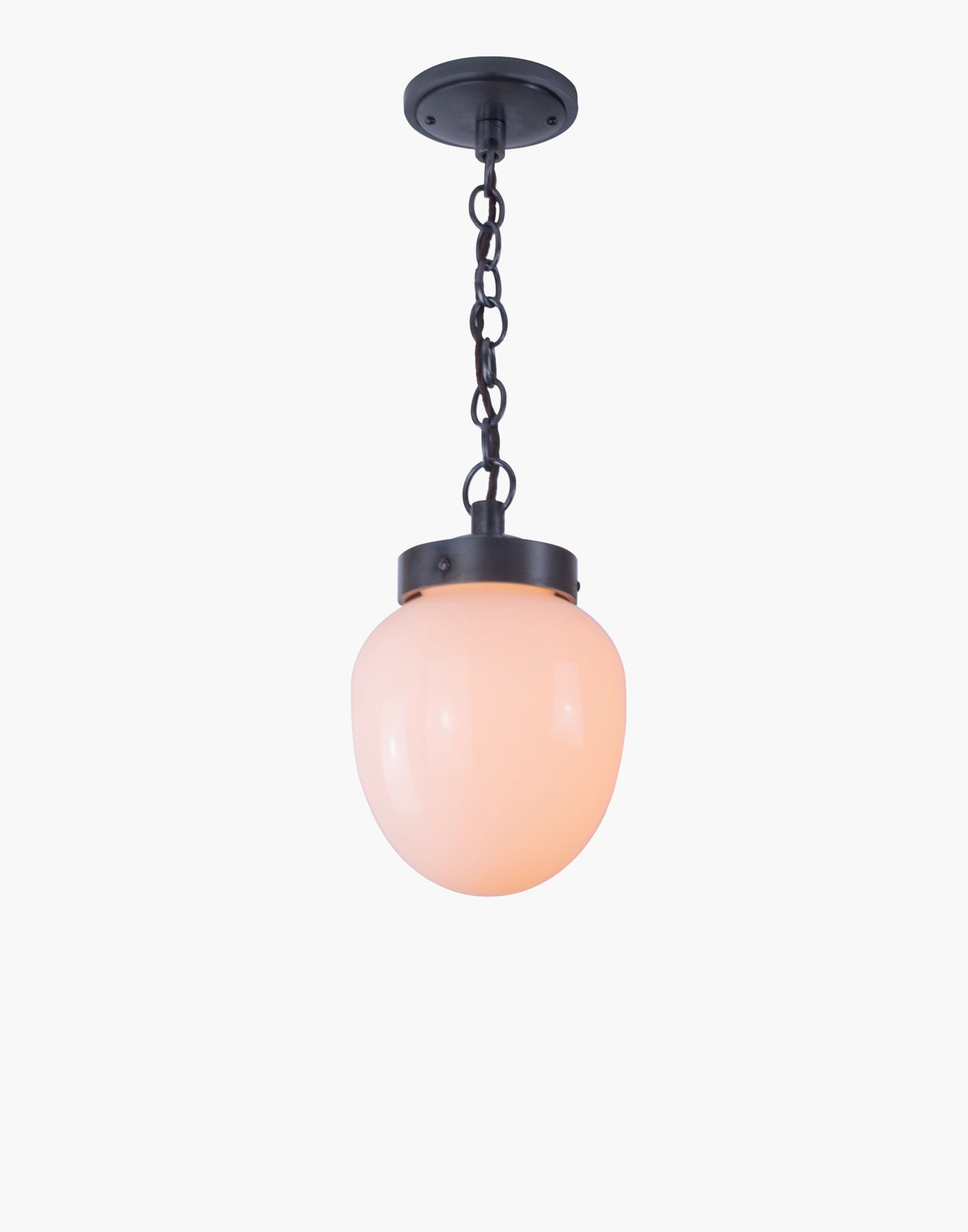Solid brass pendant light with clear or opal glass, mid-century style hanging light compatible with T45 filament bulb, suitable for covered outdoor use.