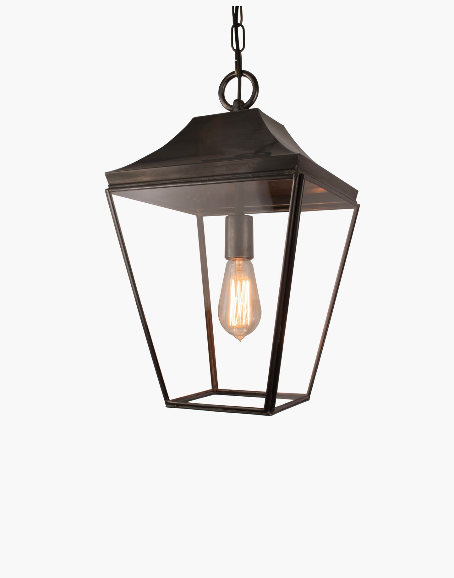 Pendant lantern in solid brass, traditional porch and hall hanging light with chain and canopy.
