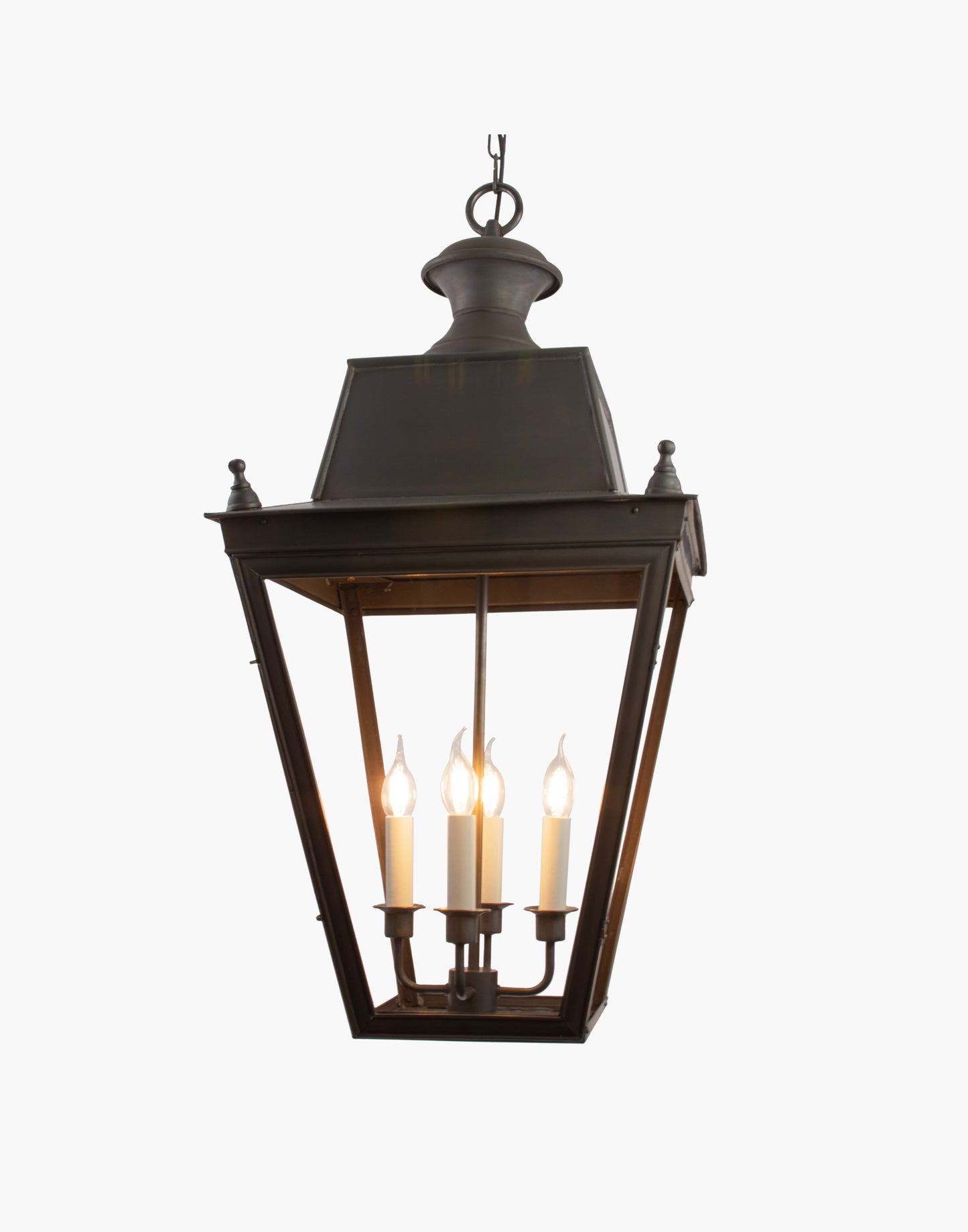 Extra Large hanging lantern with four-light cluster, handcrafted from brass and copper in a Victorian-style design.