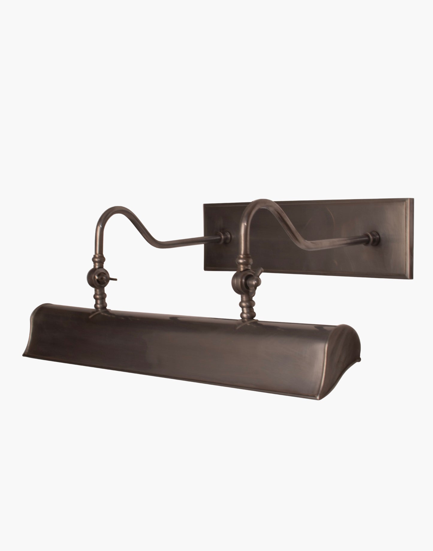 24″ trough picture light in solid brass with cast brass backplate and adjustable banjo joints, traditional handmade picture light