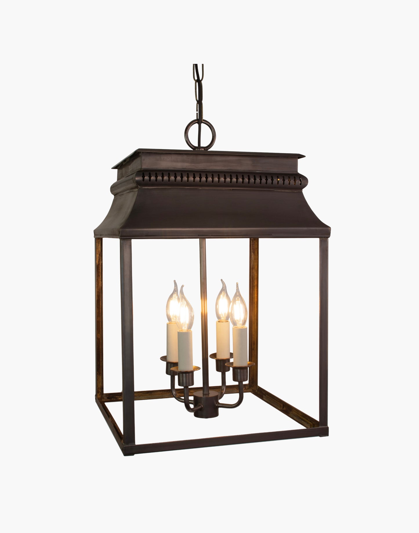 Hanging lantern in solid brass with French 19th-century–inspired fretwork, suspended ceiling lantern for interior or exterior use.