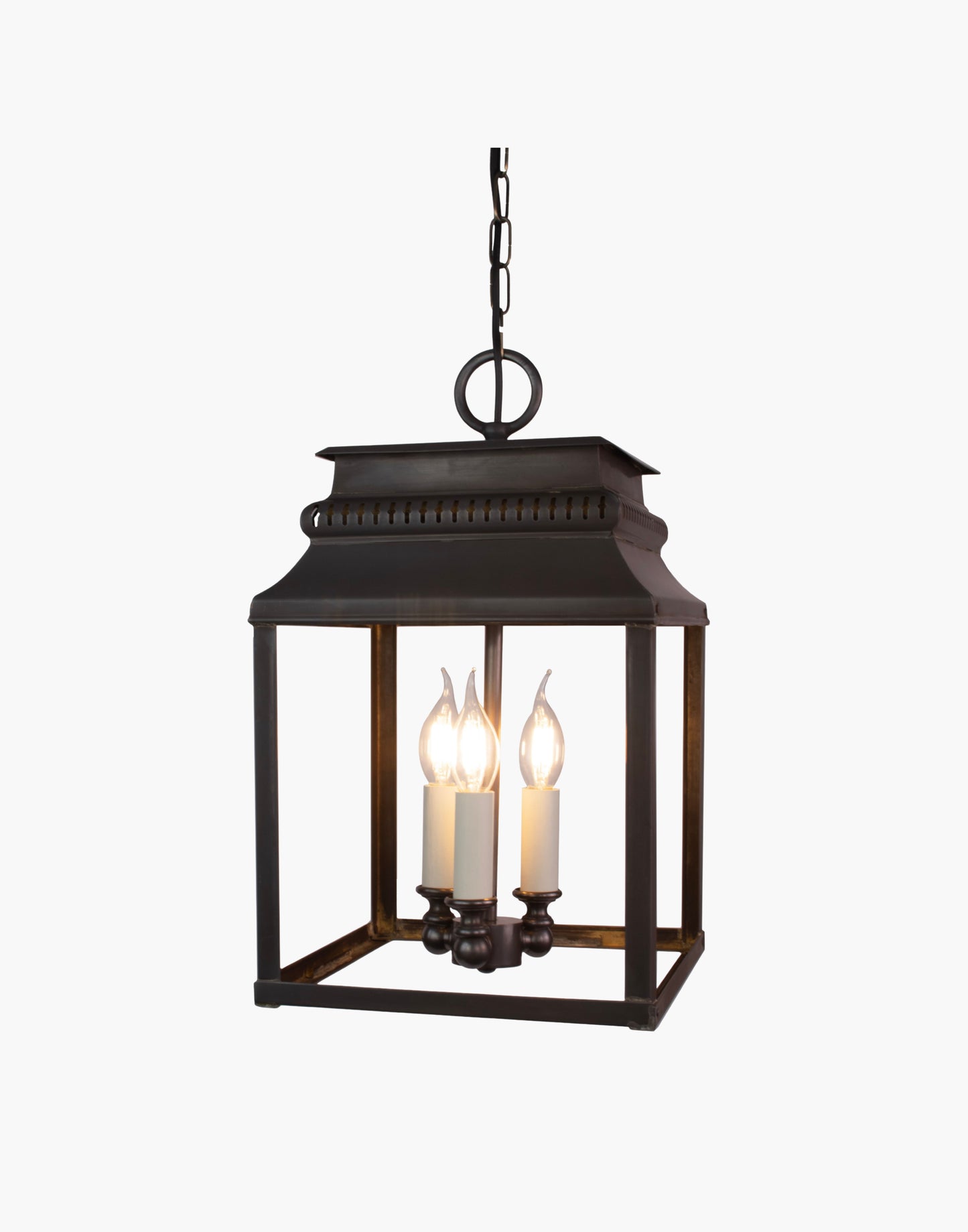 Hanging lantern in solid brass with French 19th-century–inspired fretwork, ceiling lantern for hallways or stairwells, suitable for interior or exterior use.