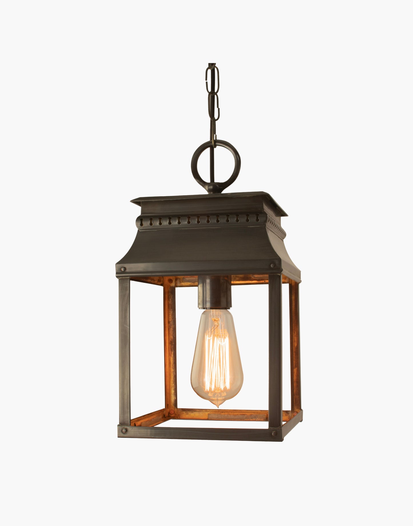 Bordeaux hanging lantern in solid brass with French 19th-century–inspired fretwork, ceiling lantern for hallways, stairwells, or over-counter lighting, suitable for interior or exterior use.