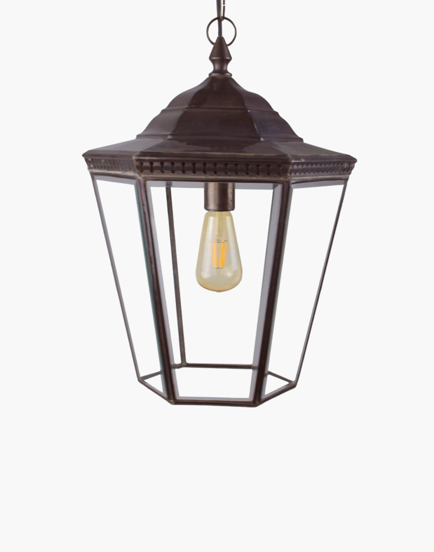 Pendant lantern in solid copper with brass detailing and beveled glass, traditional hall or porch hanging light.