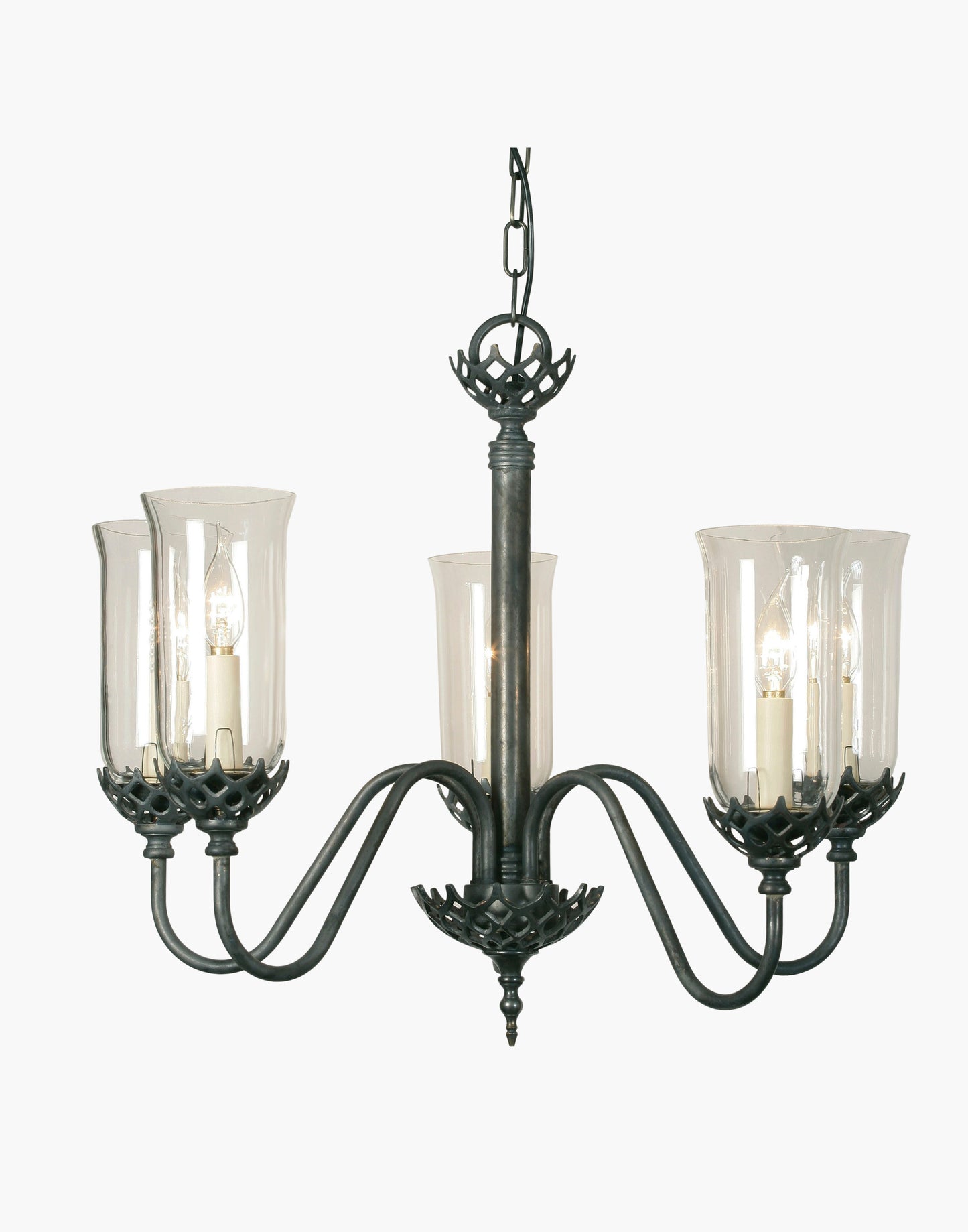 Five arm chandelier in cast brass with clear storm glasses, statement period ceiling light inspired by an 1800 Irish church original.