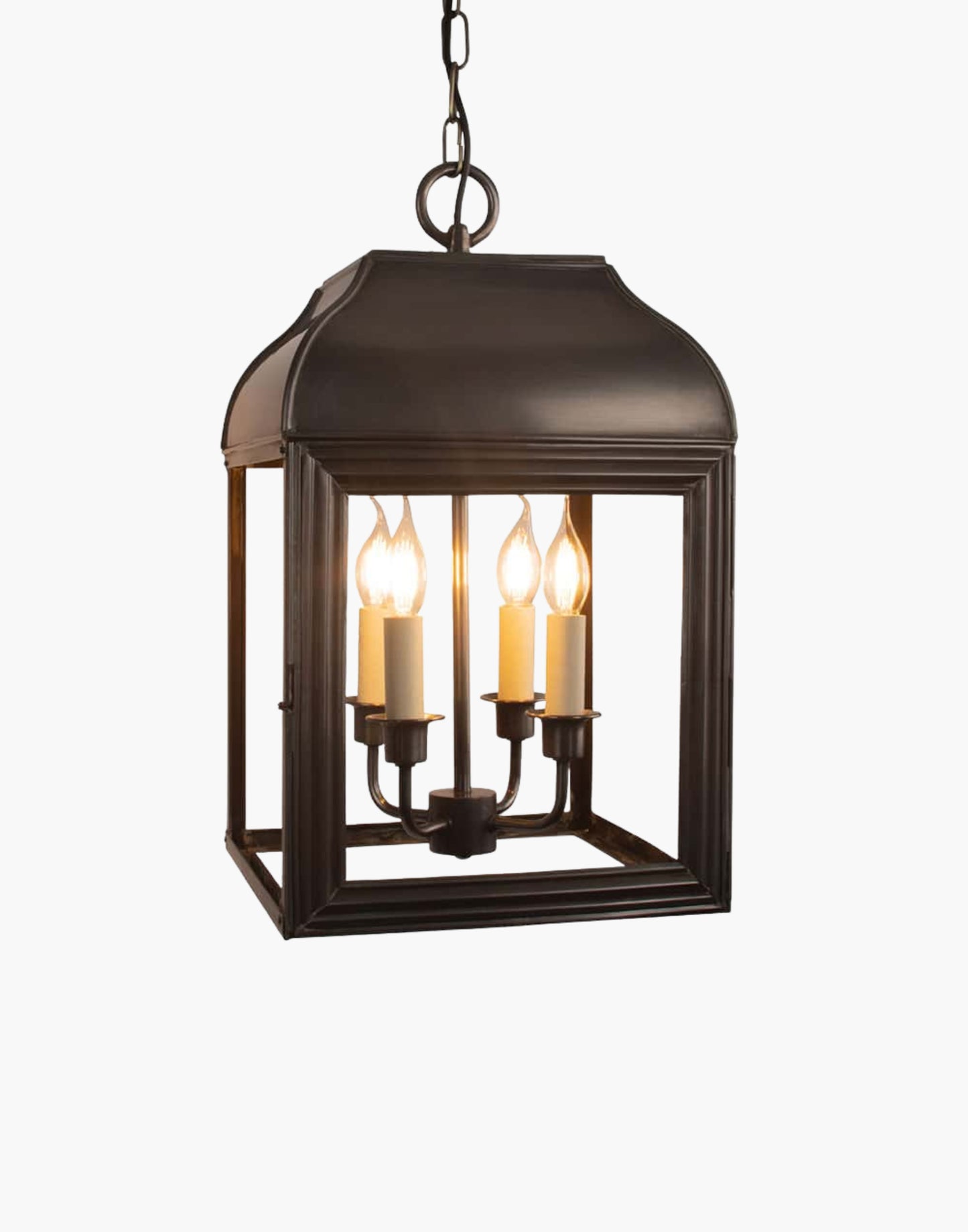 Hanging lantern in solid brass, mid-Victorian American colonial style pendant inspired by New York brownstone homes.